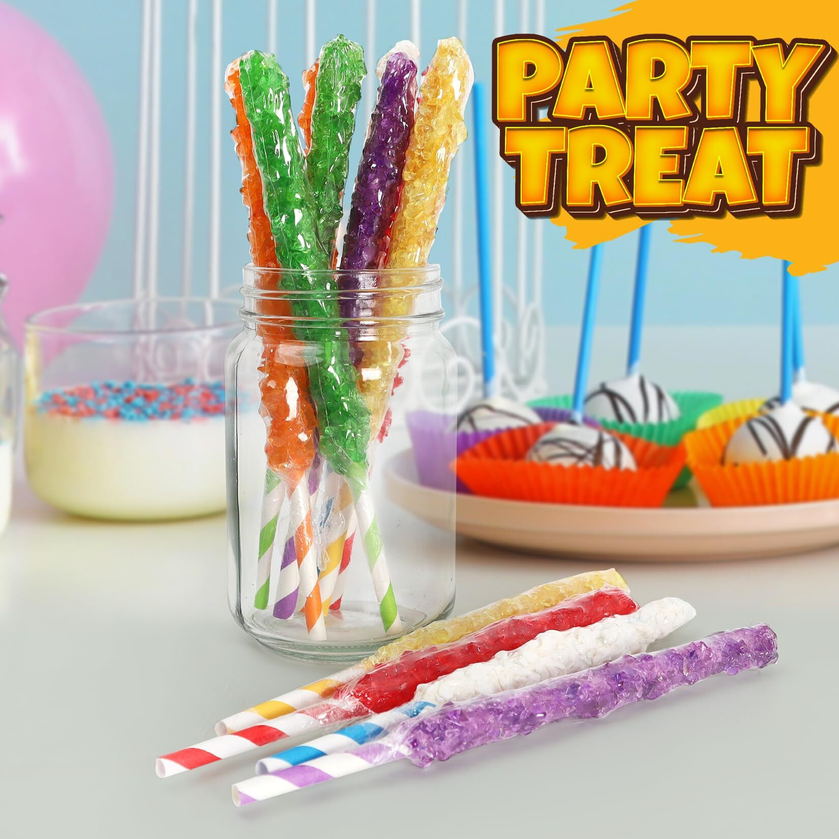 Fusion Select 24 Crystal Rock Candy Sticks - Sweet Hard Sugar Lollipop Snacks With Strong Flavors - Assorted Large, Individually Wrapped Candies - Colored Buffet Treats & Party Favors For Kids
