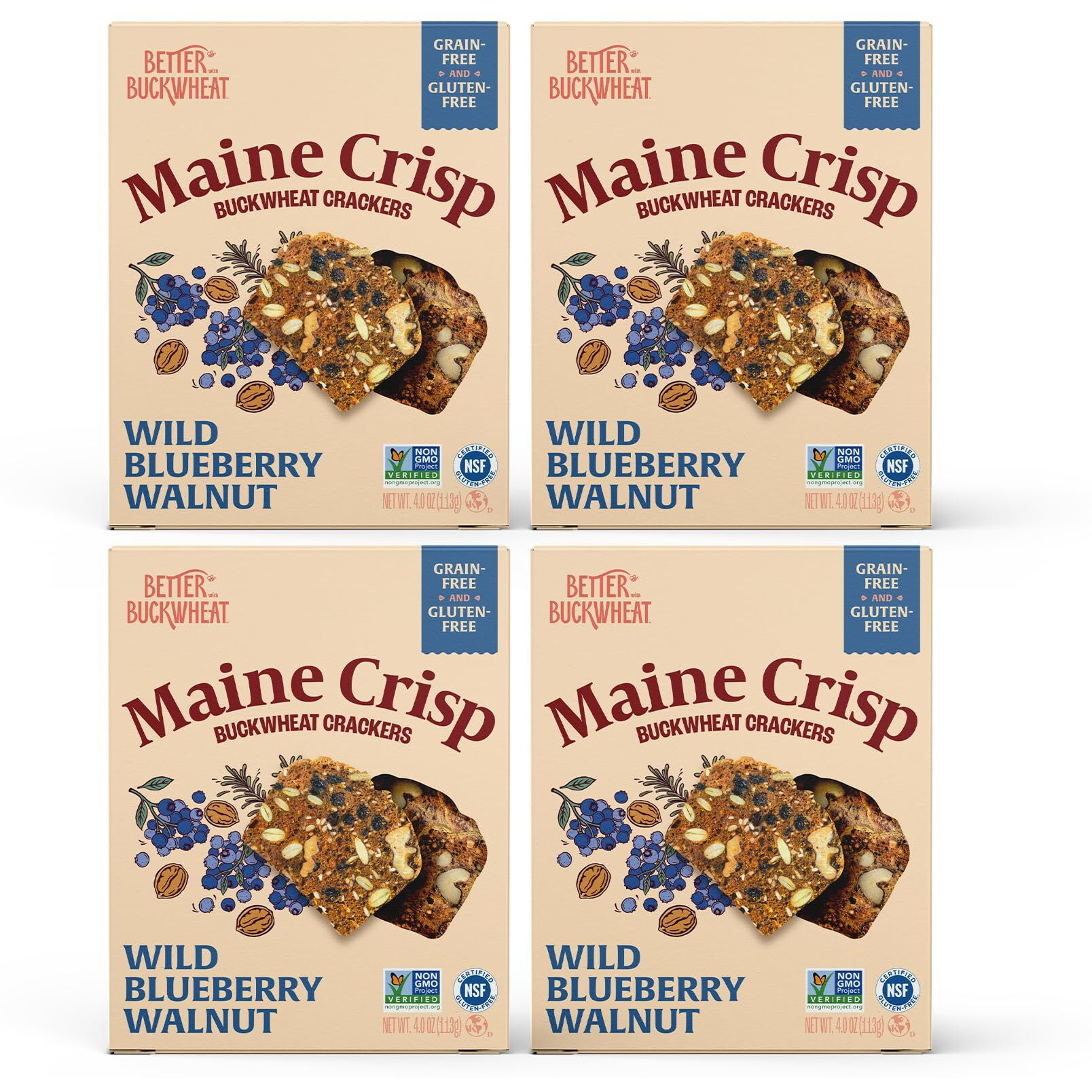 Maine Crisp Wild Blueberry Crisps - Gluten-Free Crackers With Blueberries, California Walnuts & Rosemary - Delicious Snack Crackers For Cheese Board & Toppings - Non-Gmo, Grain-Free | 4-Pack