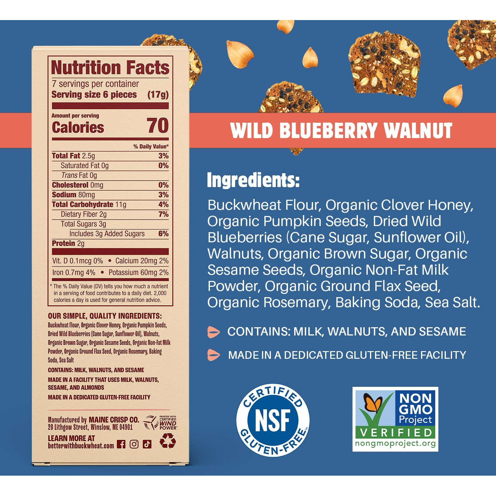 Maine Crisp Wild Blueberry Crisps - Gluten-Free Crackers With Blueberries, California Walnuts & Rosemary - Delicious Snack Crackers For Cheese Board & Toppings - Non-Gmo, Grain-Free | 4-Pack