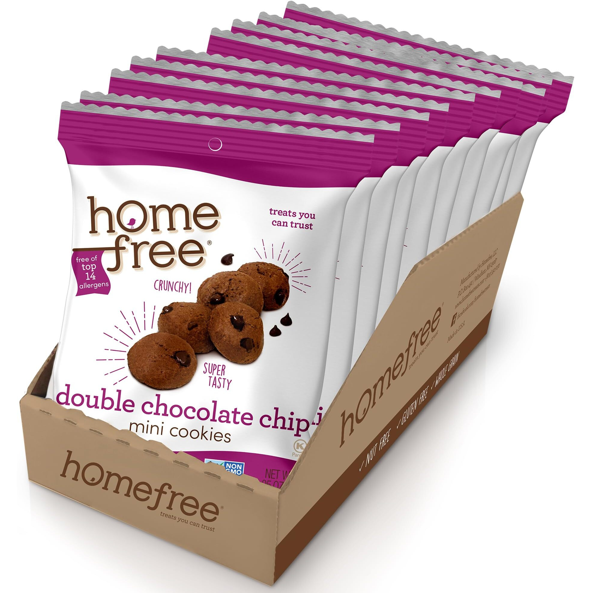 Homefree Mini Double Chocolate Chip Cookies, Gluten Free, Nut Free, Vegan, Individually Wrapped Packs, School Safe And Allergy Friendly Snack, 0.95 Oz. (Pack Of 10)