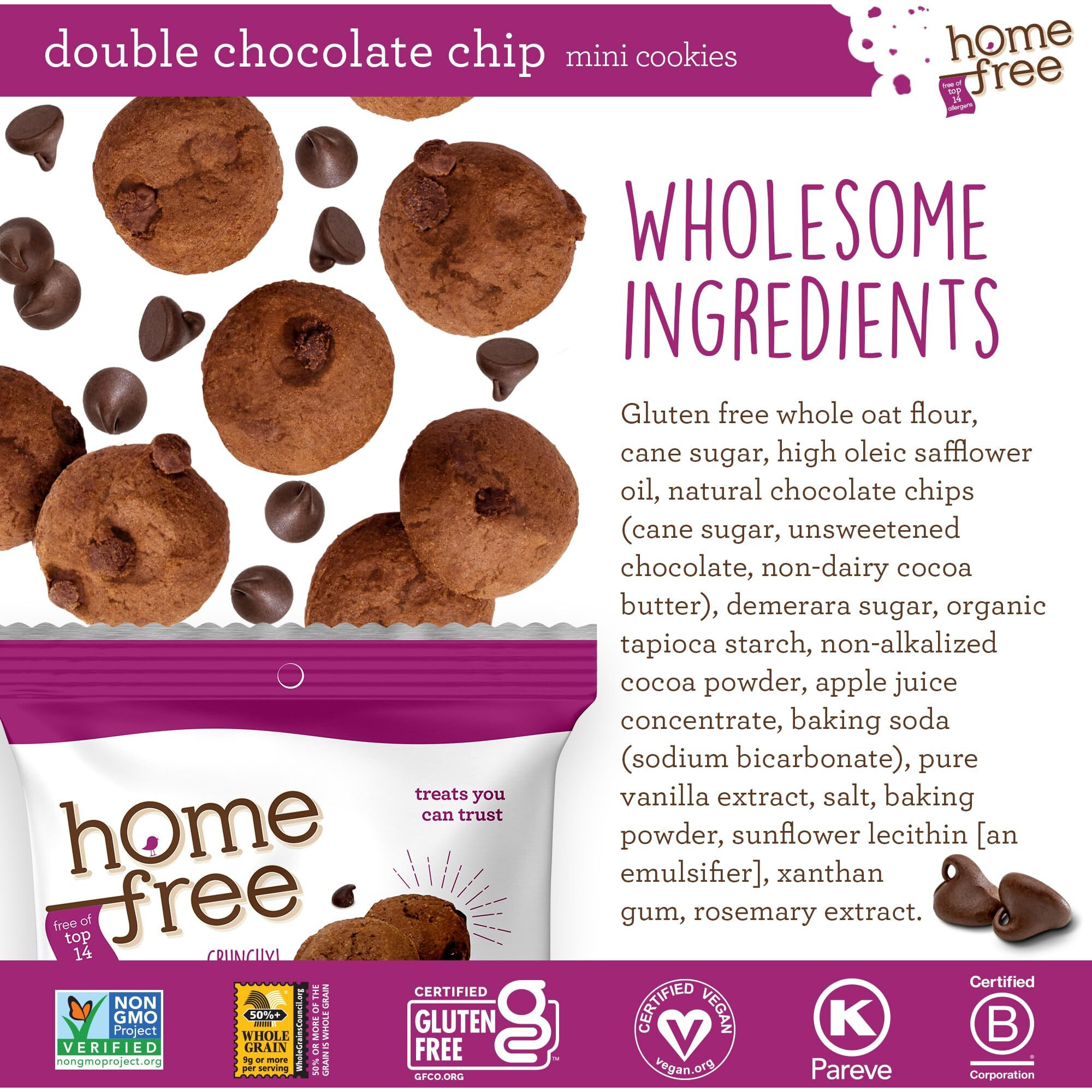 Homefree Mini Double Chocolate Chip Cookies, Gluten Free, Nut Free, Vegan, Individually Wrapped Packs, School Safe And Allergy Friendly Snack, 0.95 Oz. (Pack Of 10)