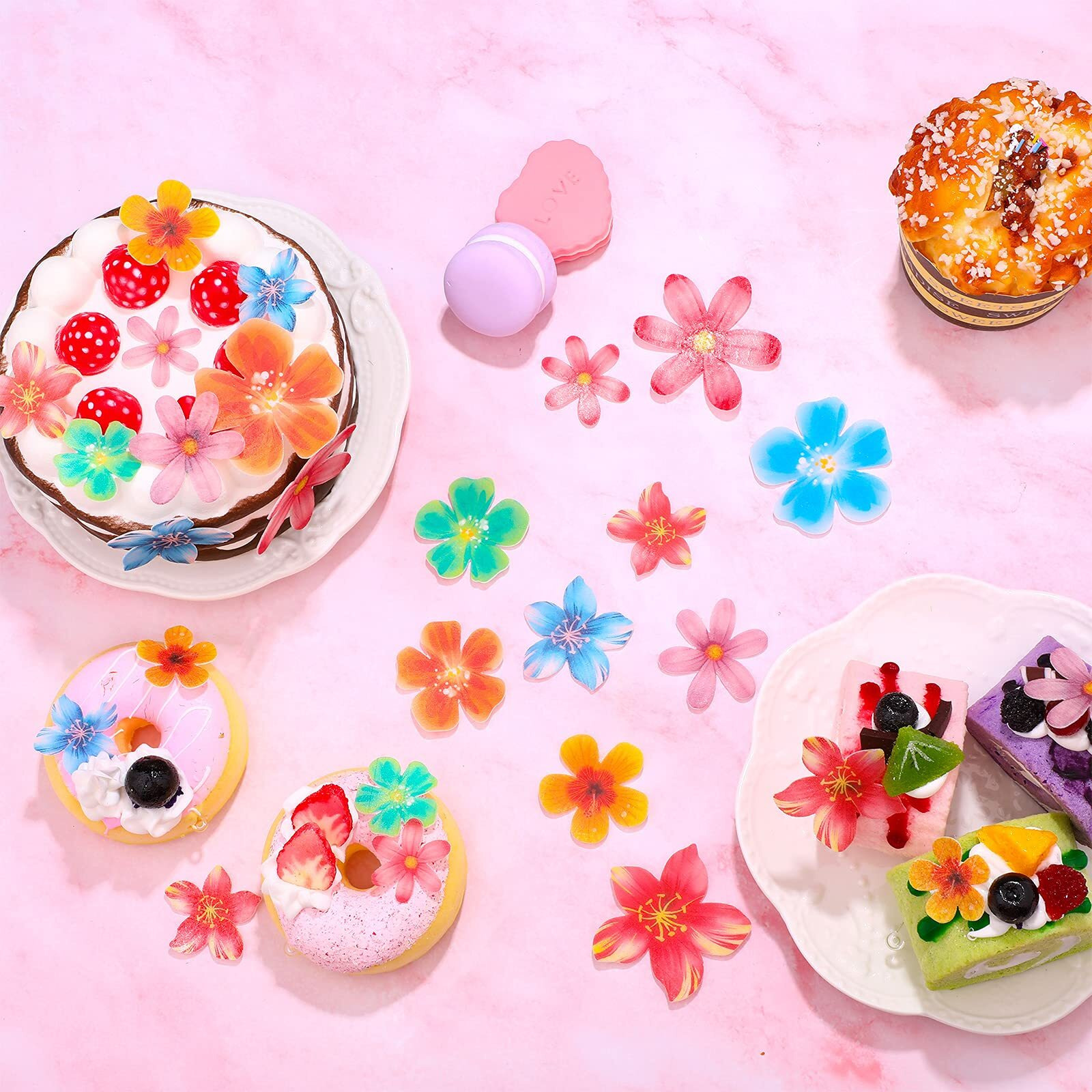 314 Pieces Flowers Cupcake Toppers Wedding Cake Wafer Flowers Cupcake Toppers Birthday Party Food Decoration Mixed Size And Colors