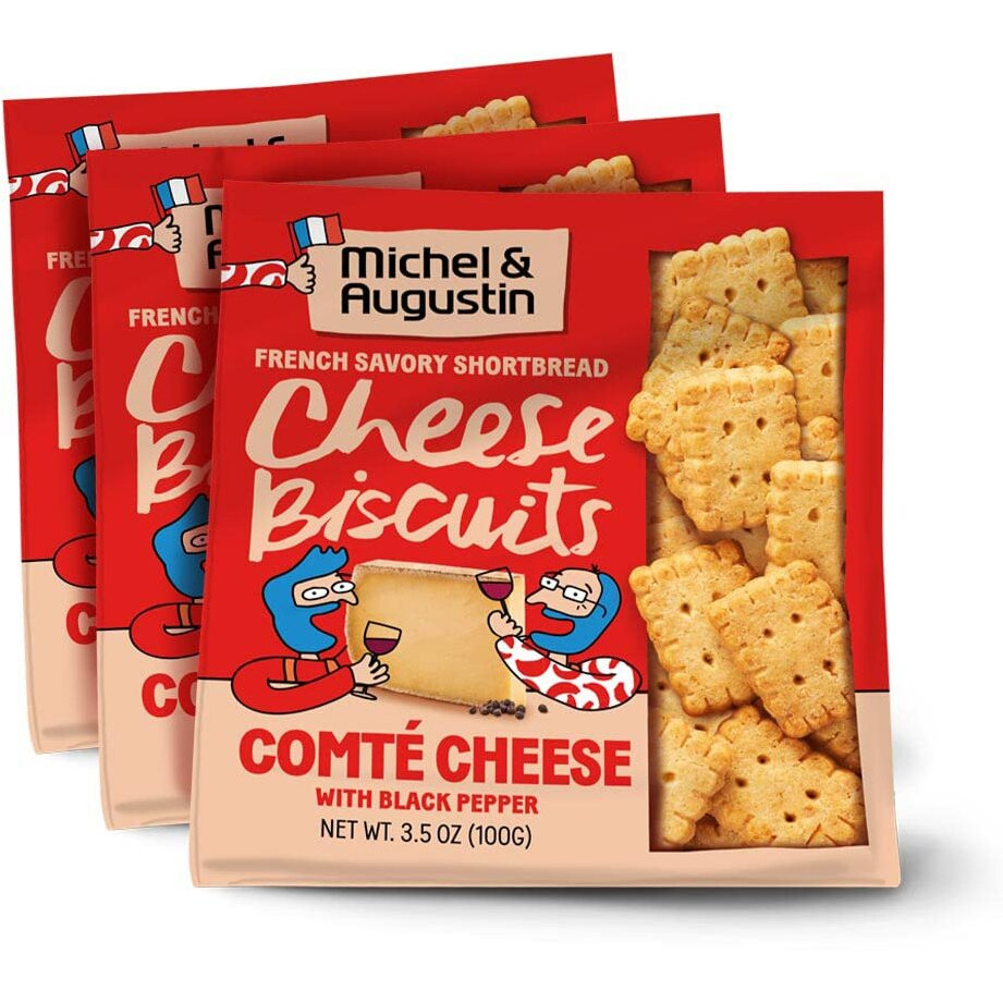 Michel Et Augustin Cheese Crackers, Comt   Cheese Biscuits With Black Pepper, Crispy Gourmet Snacks, Savory Snacks Party Crackers, 3-Pack, 3.5 Oz. Bags
