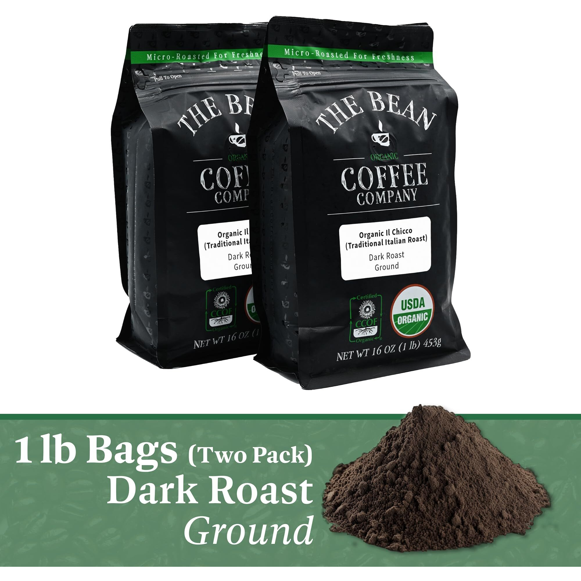 The Bean Organic Coffee Company Il Chicco (Traditional Italian Roast), Dark Roast, Ground Coffee, 16-Ounce Bags (Pack Of 2), Caf   Molido Tostado Org  Nico