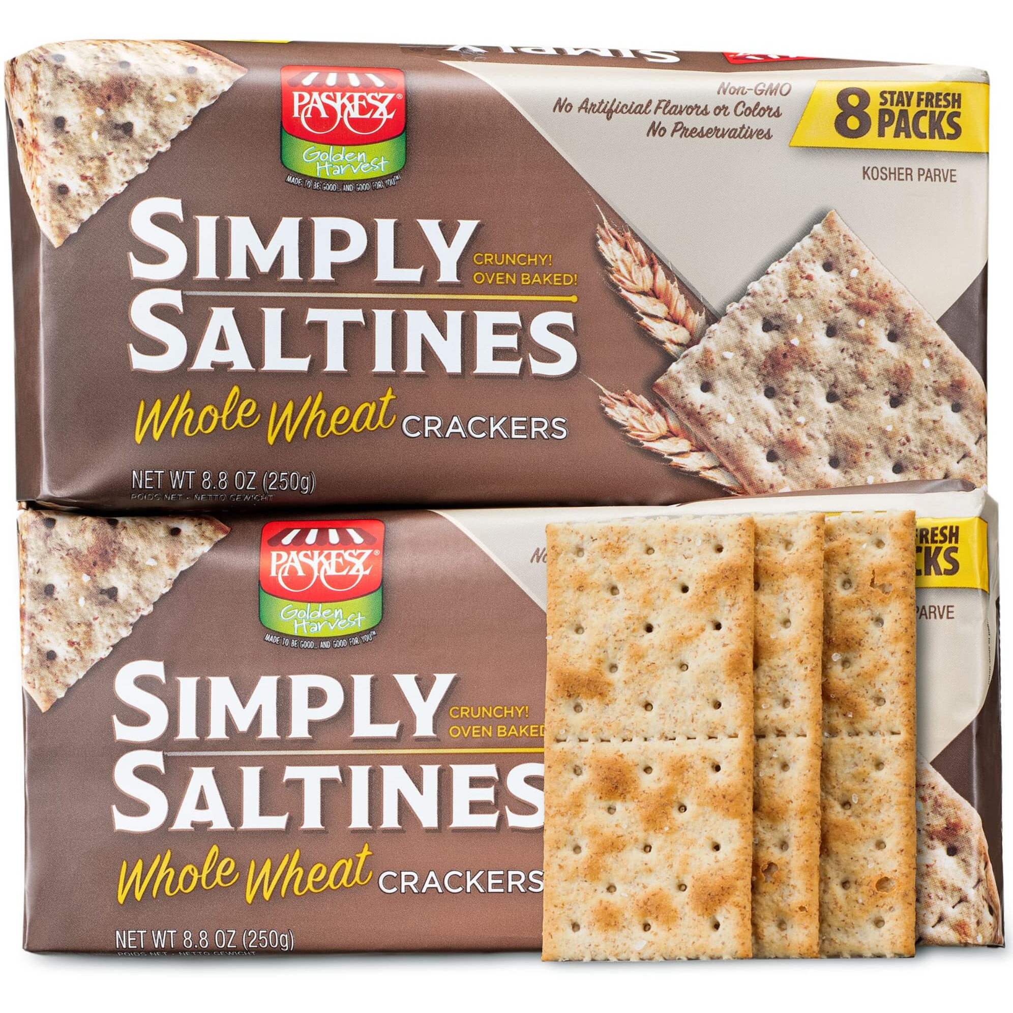 Paskesz Simply Saltines Crackers - Whole Wheat Saltine Crackers - Light And Crispy Oven-Baked Soup Crackers, Ready To Dip, Non-Gmo, 8.8 Ounce - Pack Of 2