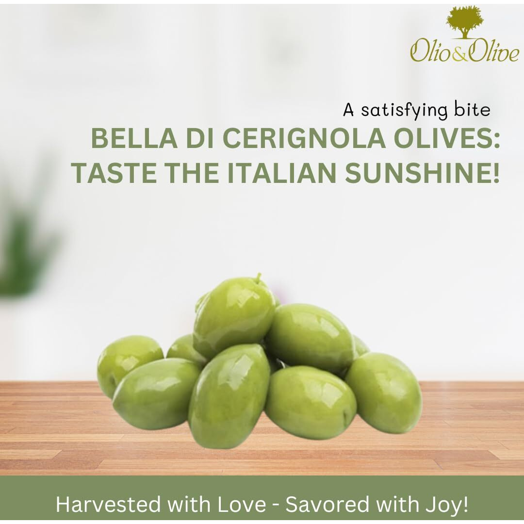 Olio&Olive Large Bella Di Cerignola Green Italian Olives - Vacuum Packed And Less Salty - Firm And Buttery Taste - Vibrant And Fresh Color - 1Lb Pack (Drained Weight) - Imported From Apulia-Italy