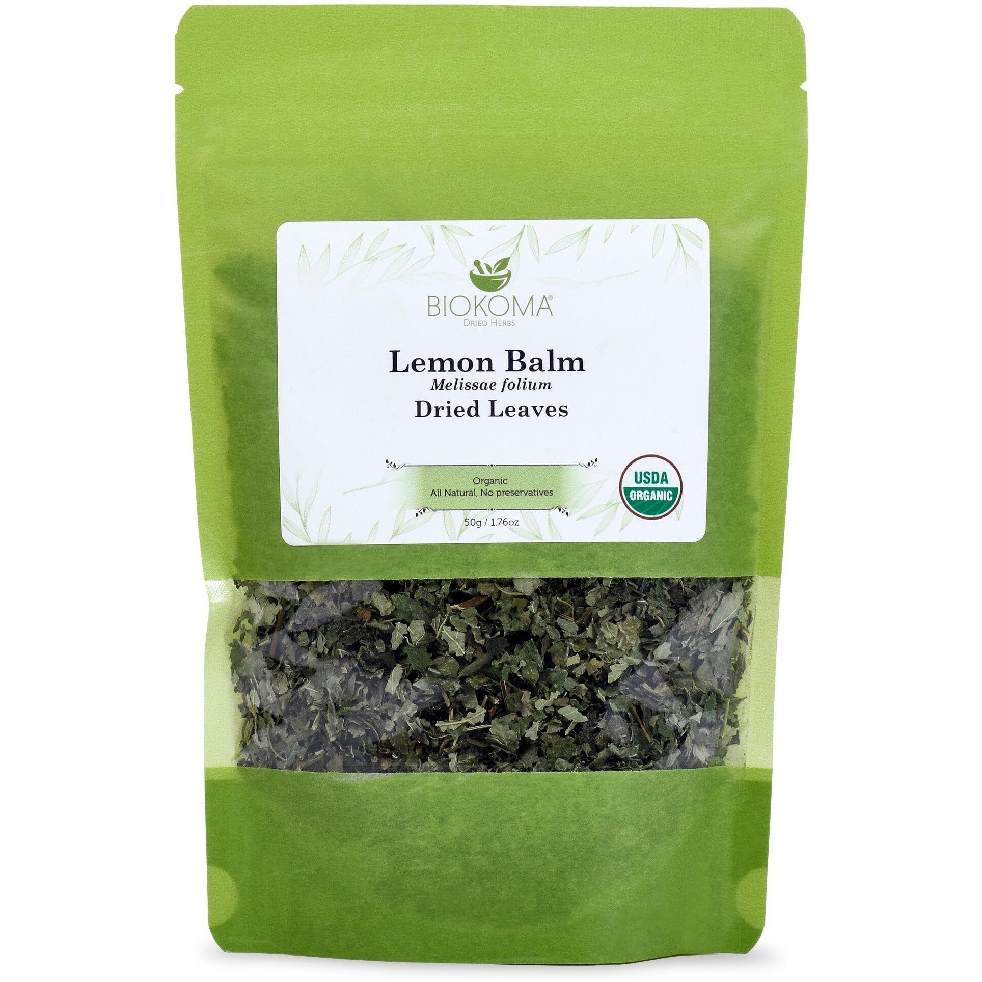 Biokoma Pure And Organic Lemon Balm (Melissae Folium) Dried Leaves 50G (1.76Oz) In Resealable Moisture Proof Pouch, Usda Certified Organic - Herbal Tea, No Additives, No Preservatives, No Gmo, Kosher