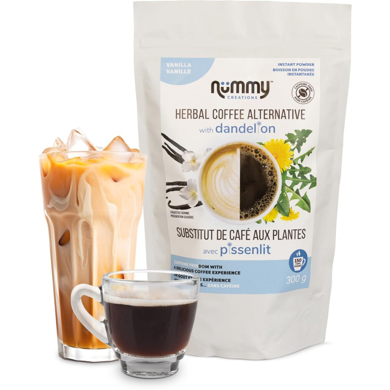 Nummy Creations Vanilla (New Bold Flavor) Instant Herbal Coffee Alternative With Dandelion. Caffeine-Free, All Natural, Coffee Substitute, Chicory Coffee, Full Bodied Caf   Taste. Makes Up To 150 Cups. 10.58Oz.