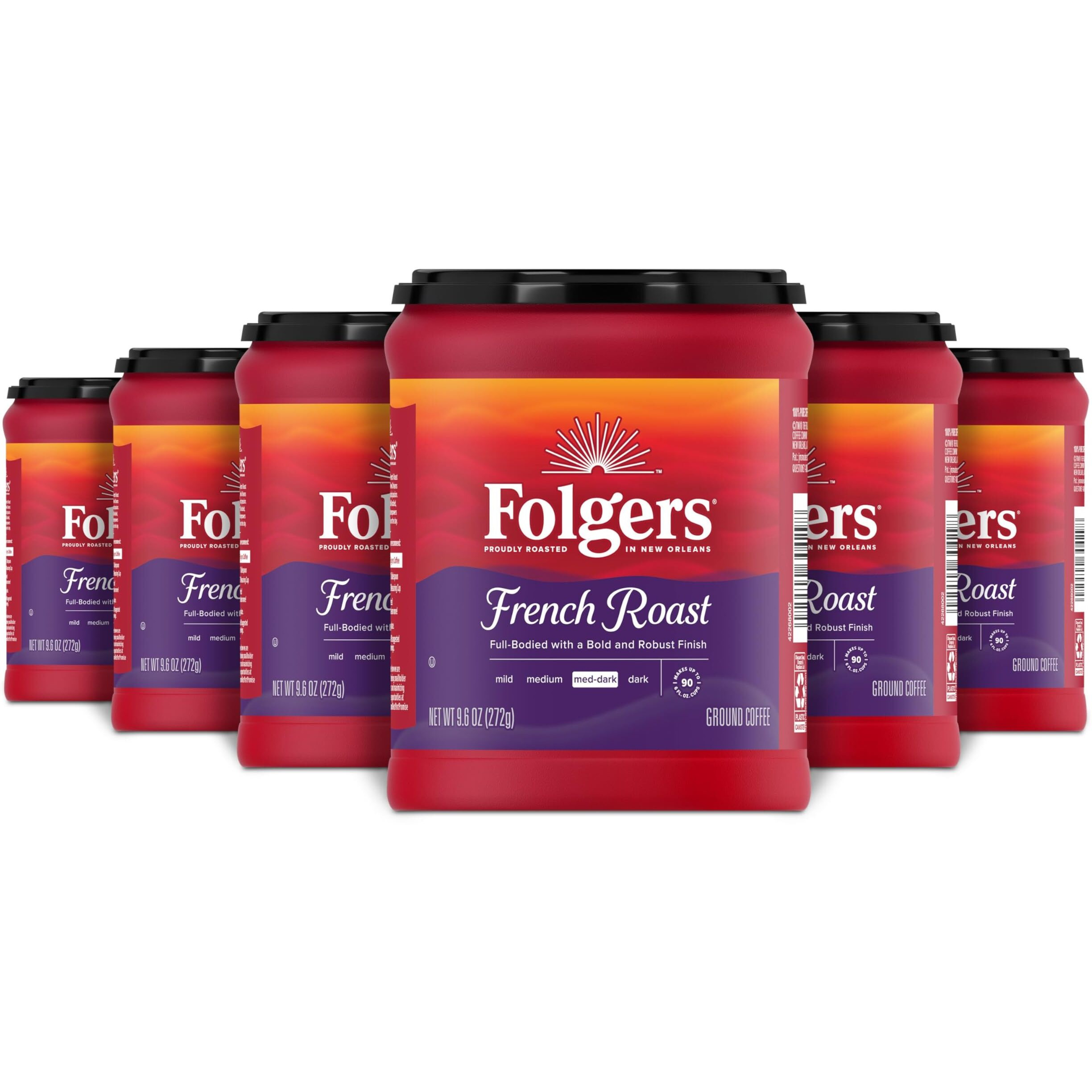 Folgers French Roast Medium Dark Roast Ground Coffee, 9.6 Ounces (Pack Of 6)