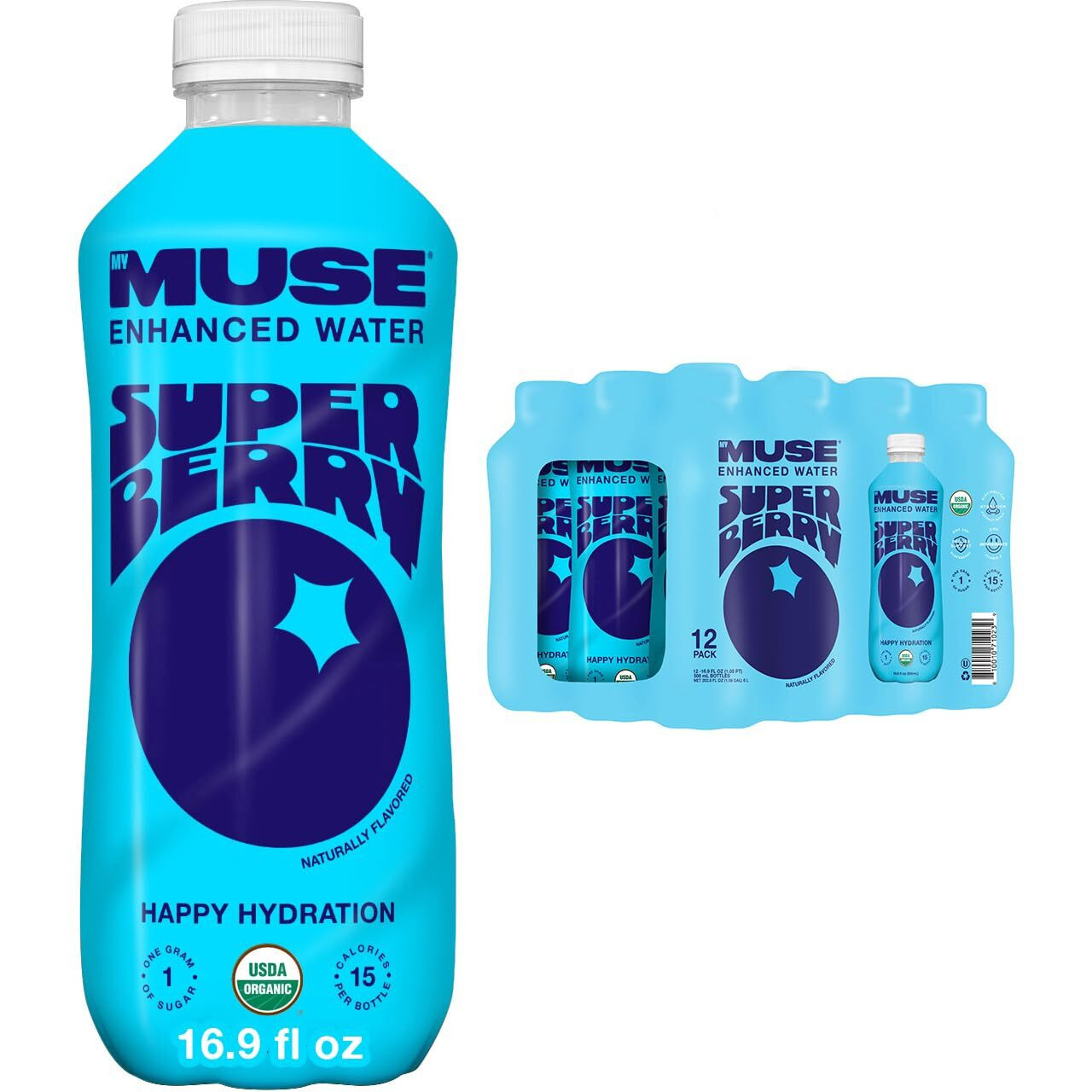 Mymuse Organic Enhanced Flavored Water, Super Berry, 16.9 Fl Oz Bottle (12 Pack), 1G Of Sugar, Immune Support With Zinc & Elderberry, Antioxidants Vitamin E, Low Calories, Usda Organic