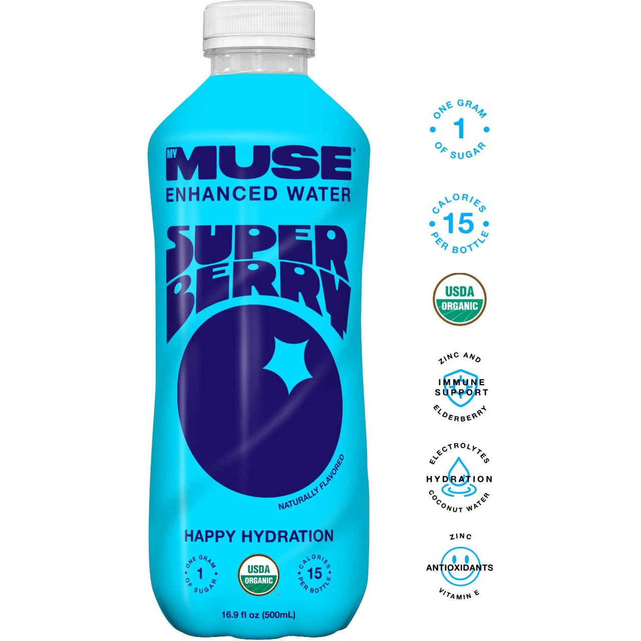Mymuse Organic Enhanced Flavored Water, Super Berry, 16.9 Fl Oz Bottle (12 Pack), 1G Of Sugar, Immune Support With Zinc & Elderberry, Antioxidants Vitamin E, Low Calories, Usda Organic