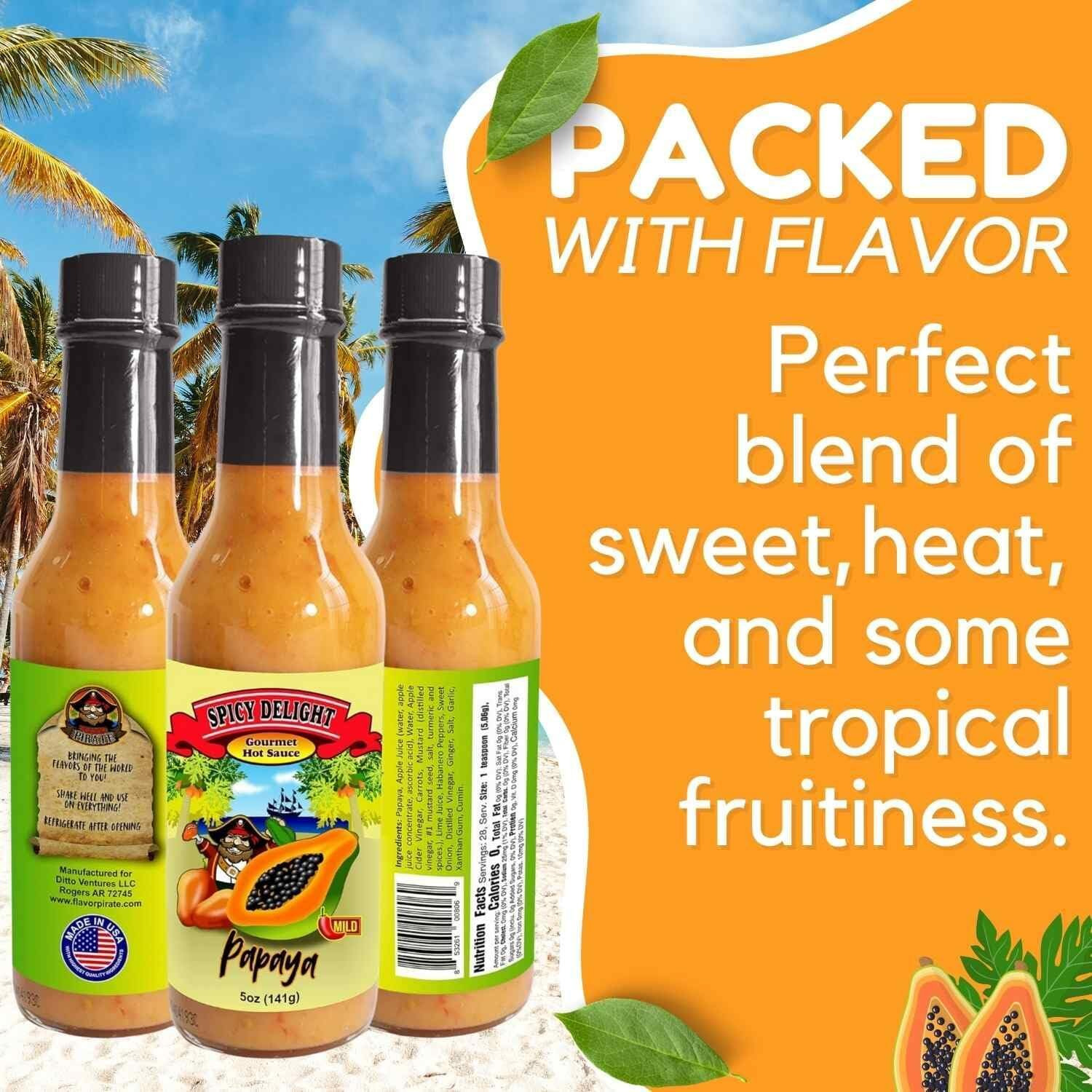 Spicy Delight Best Hot Sauce By Flavor Pirate, Aruba Hot Sauce Made With Habanero Pepper, Papaya, And Spices, Caribbean Inspired Papaya Hot Sauce, Gluten Free, Vegan, 5 Oz