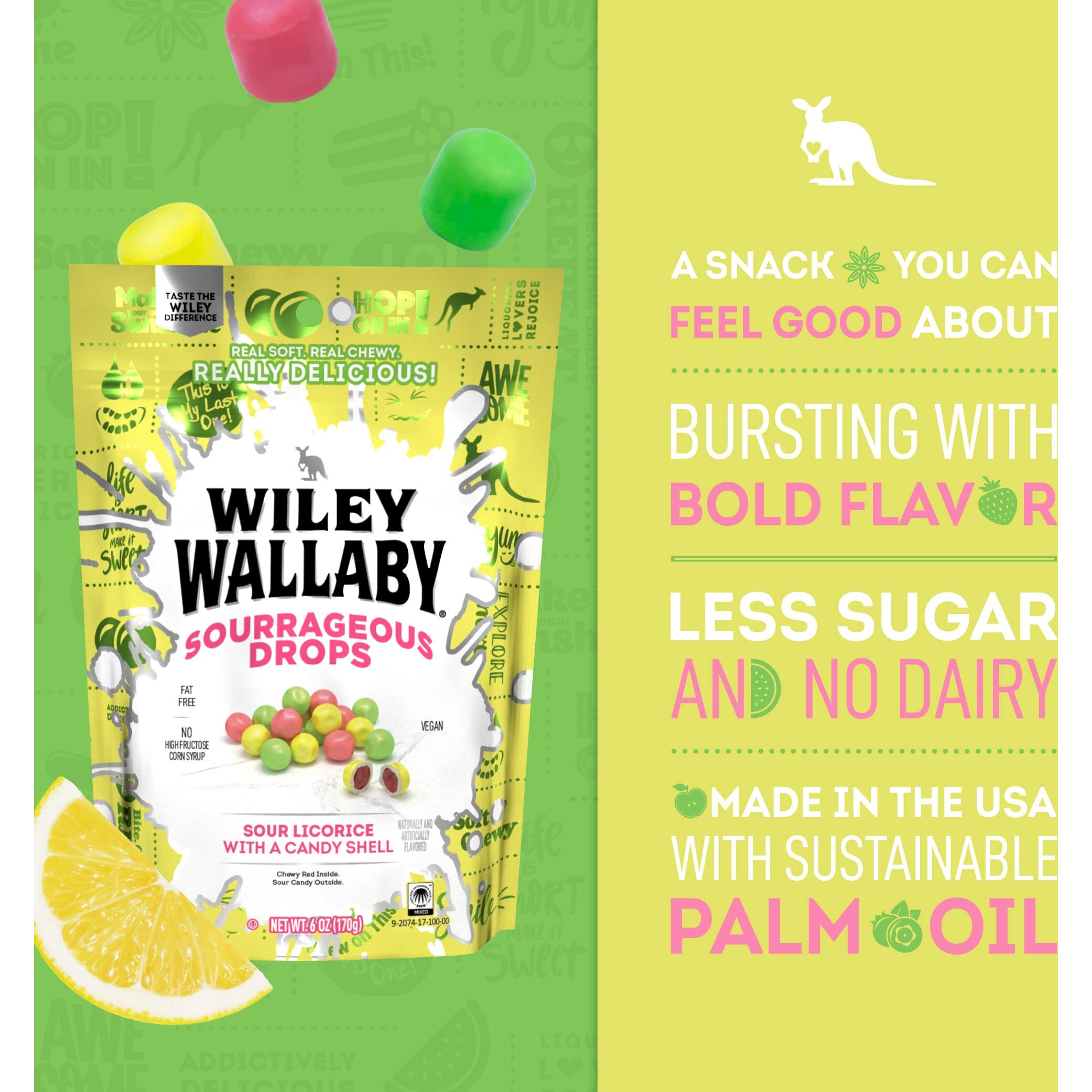 Wiley Wallaby 6 Ounce Sourrageous Drops Mix Of Watermelon, Green Apple And Lemon Soft & Chewy Licorice With A Candy Shell, 1 Pack