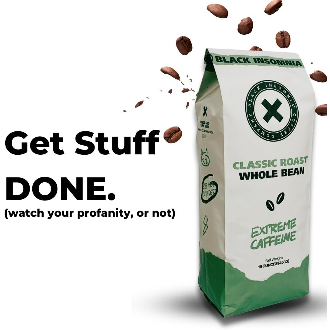 Black Insomnia Classic Roast Whole Bean Coffee - The Strongest Coffee In The World - 1Lb Bag (Pack Of 1)
