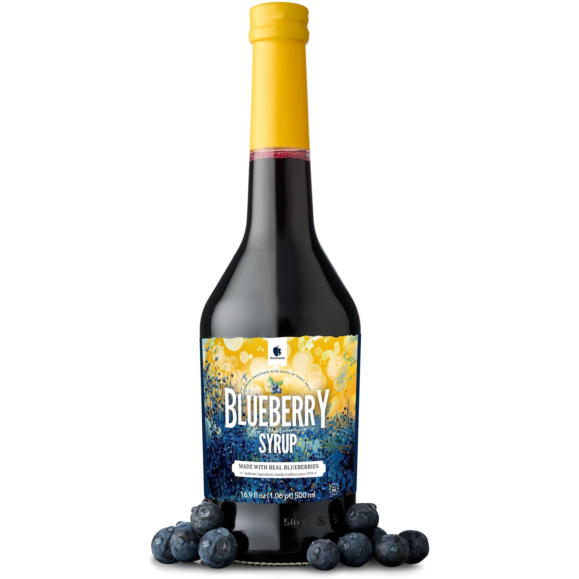 Gourmanity Blueberry Syrup, 3 Ingredients Only, Sweet And Tangy Blueberry Pancake Syrup, Great For Waffles, Snow Cones, Ice Cream Topping And Cocktails, 16.9Fl Oz/500Ml Glass Bottle