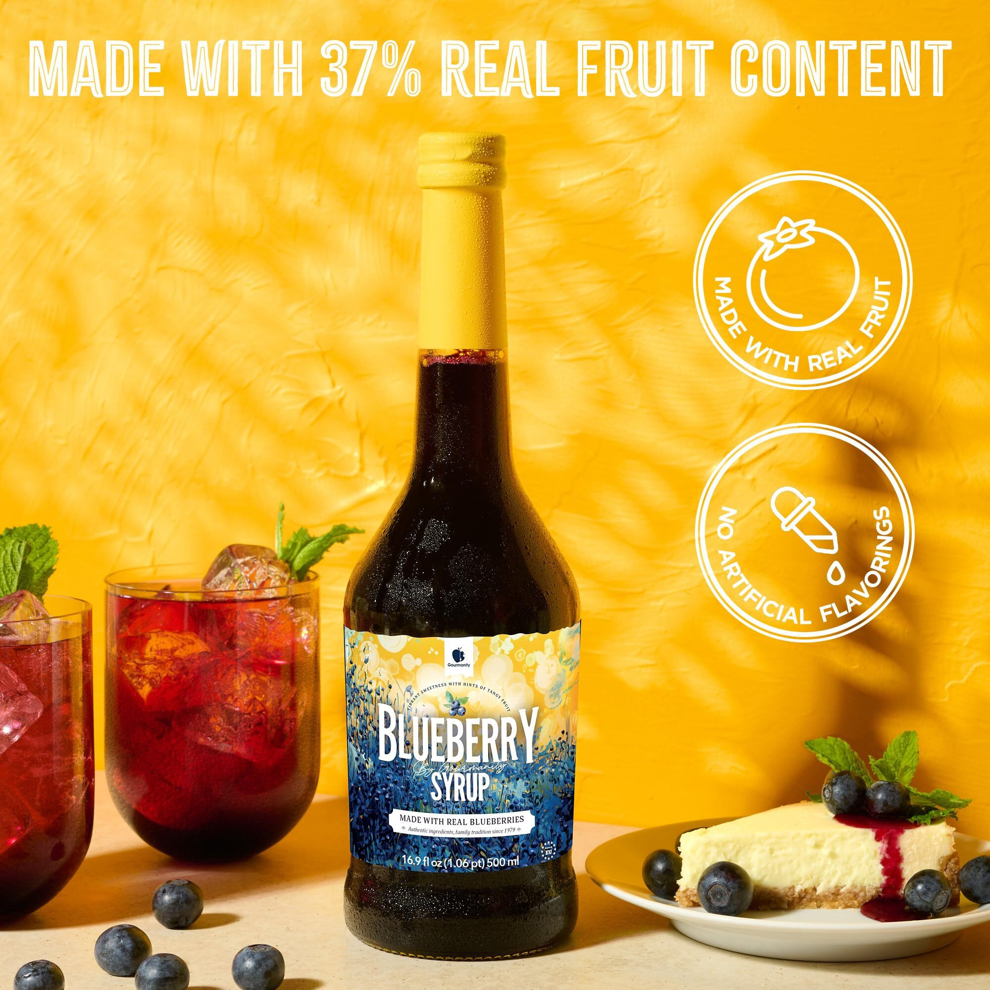 Gourmanity Blueberry Syrup, 3 Ingredients Only, Sweet And Tangy Blueberry Pancake Syrup, Great For Waffles, Snow Cones, Ice Cream Topping And Cocktails, 16.9Fl Oz/500Ml Glass Bottle