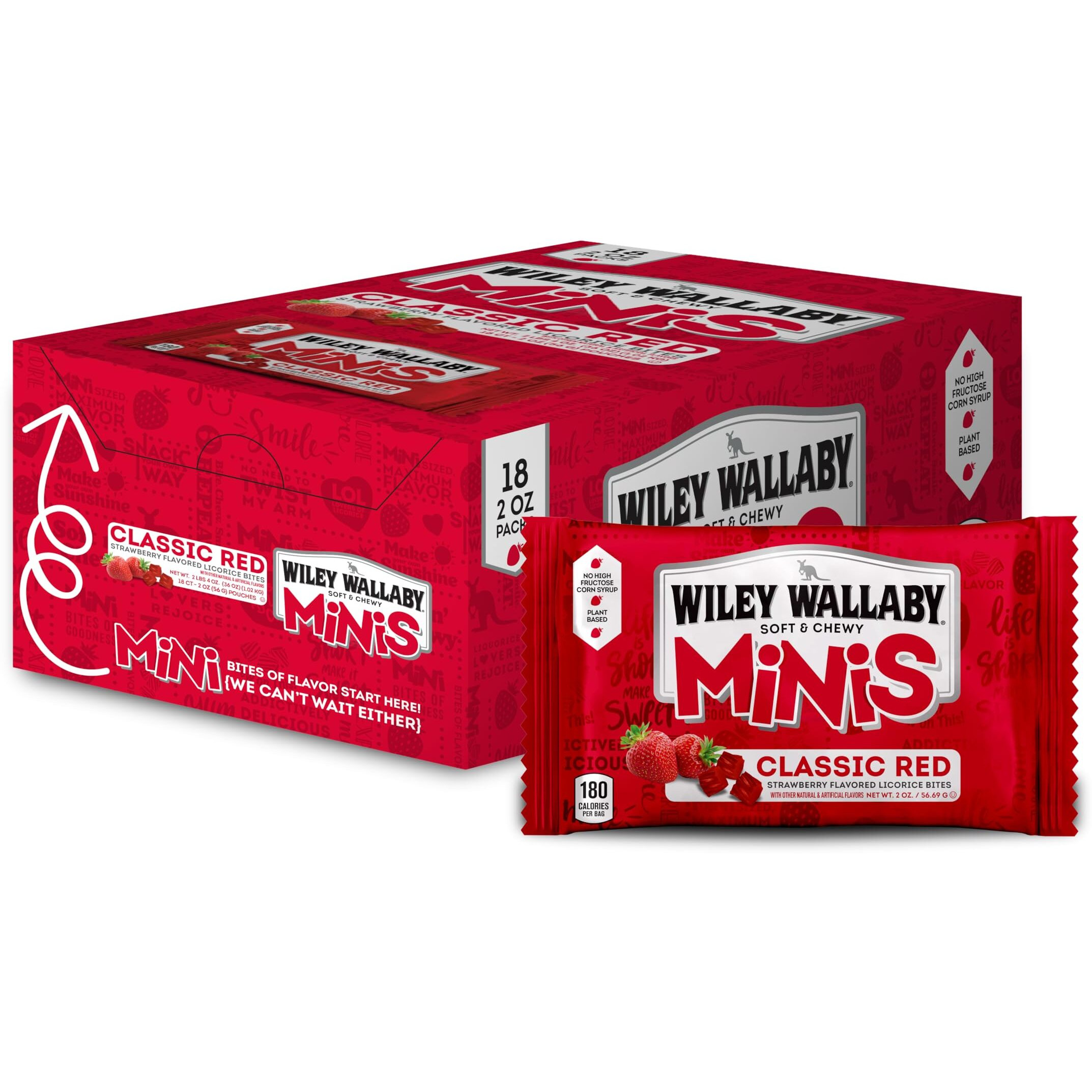Wiley Wallaby Classic Red Mini Licorice Bites 2.0 Ounce Gourmet Soft & Chewy Australian Strawberry Licorice Candy Bags, 18 Pack