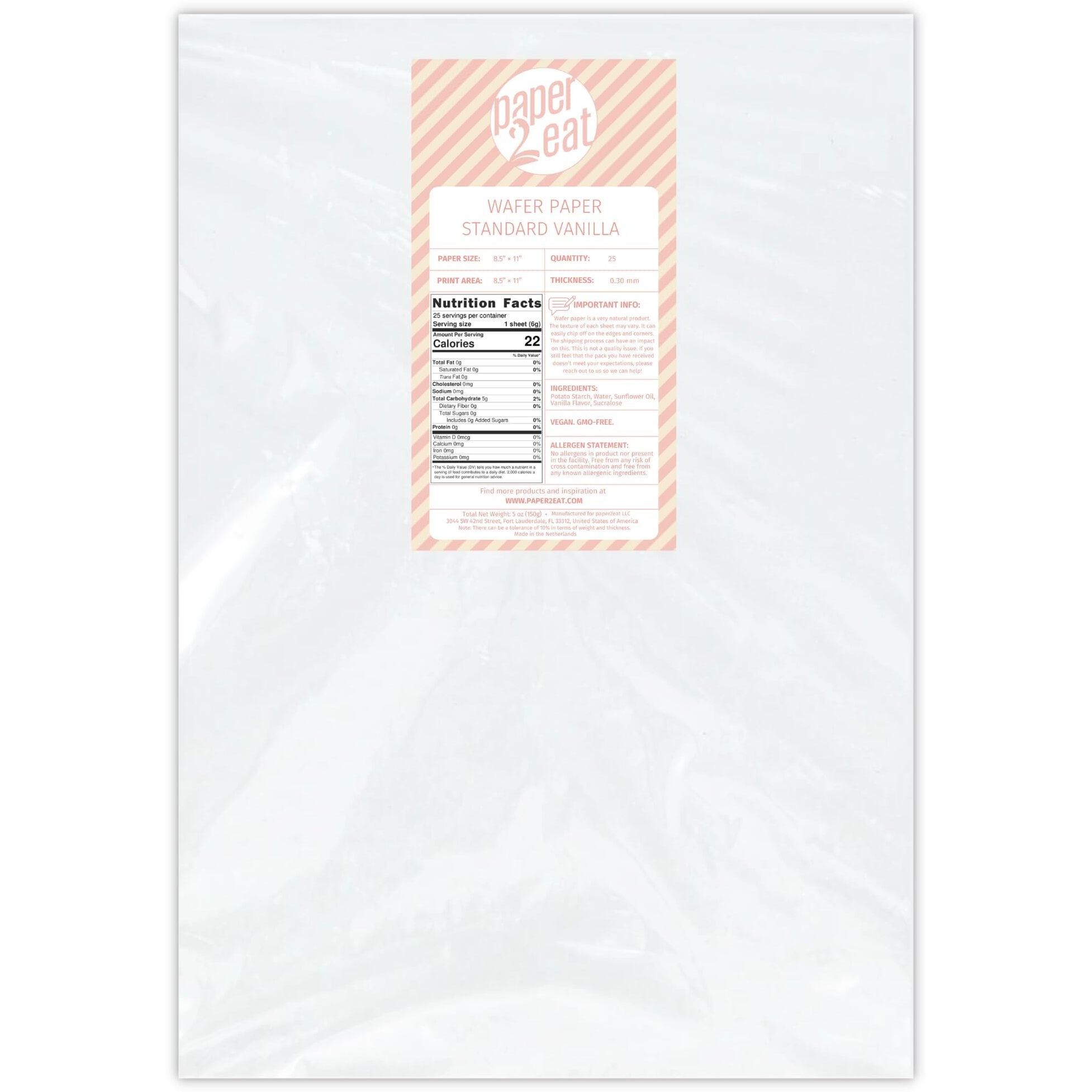 Paper2Eat Edible Wafer Paper Sheets Standard 8.5"" X 11"" - 25 Count - 0.30 Mm - Vanilla Flavored