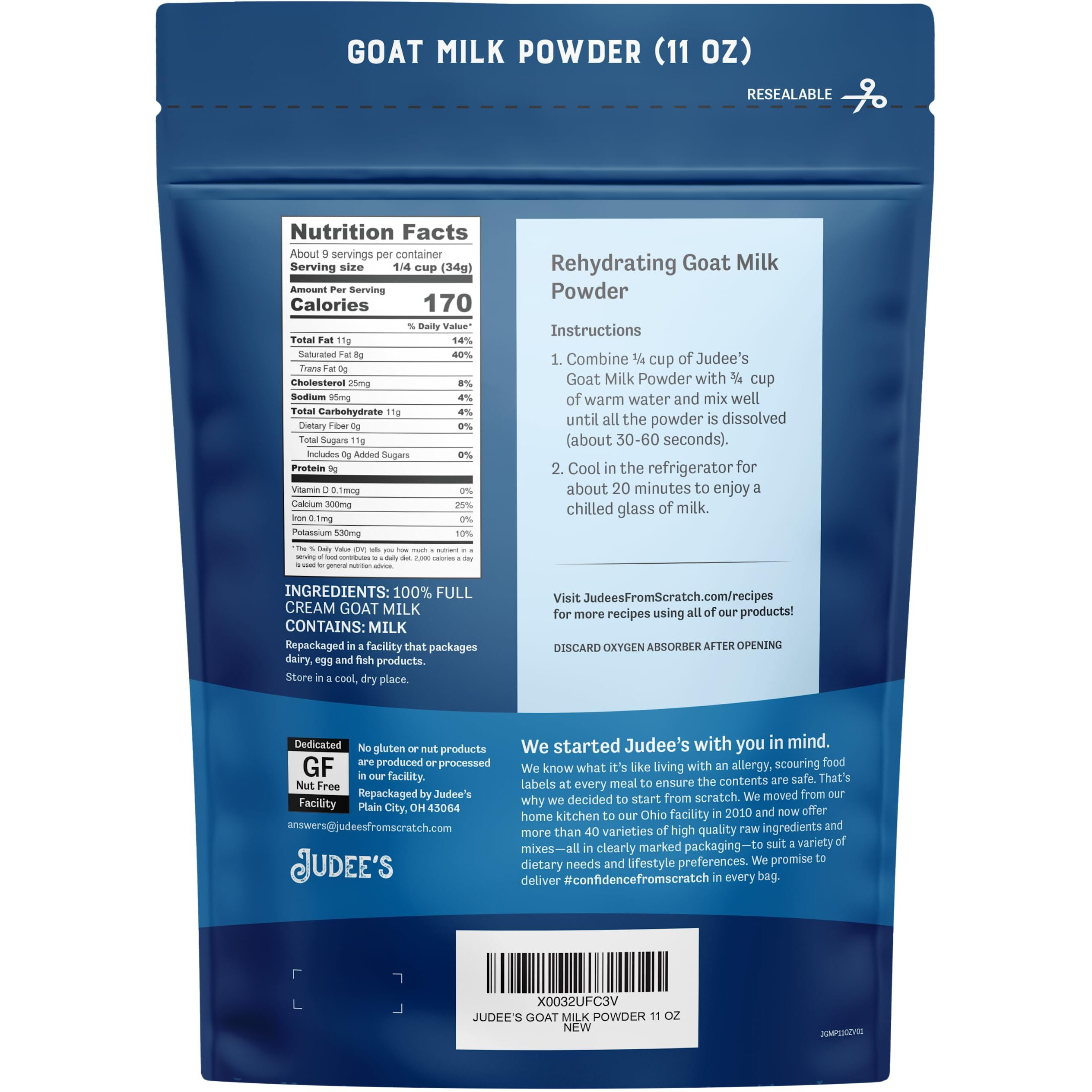 Judees Goat Milk Powder 11 Oz - Blends Well In Smoothies And Great For Baking - Convenient For Travel, Hiking, And Camping - Non-Gmo, Gluten-Free And Nut-Free