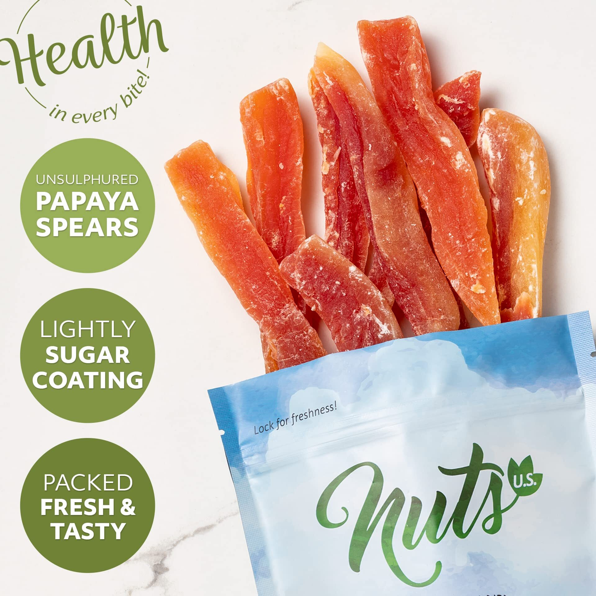 Nuts U.S. - Dried Papaya Spears (Unsulphured) | Low Sugar. Lightly Sugar Coated | No Color Added | Packed In A Resealable Bag (4 Lbs)