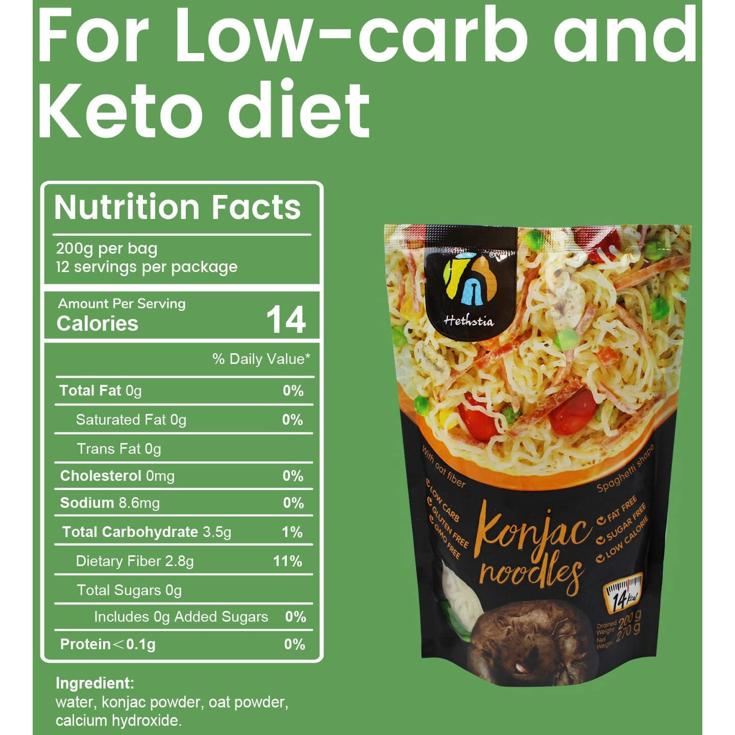 Hethstia Shirataki Noodle Diet Spaghetti Low-Carb Pasta Oat Flavor Plant Based Konjac Noodle Sugar Free, Paleo-Friendly, Gluten-Free, Low Calorie And Vegan (Oat Flavor, 9.52 Oz, 6 Packs)