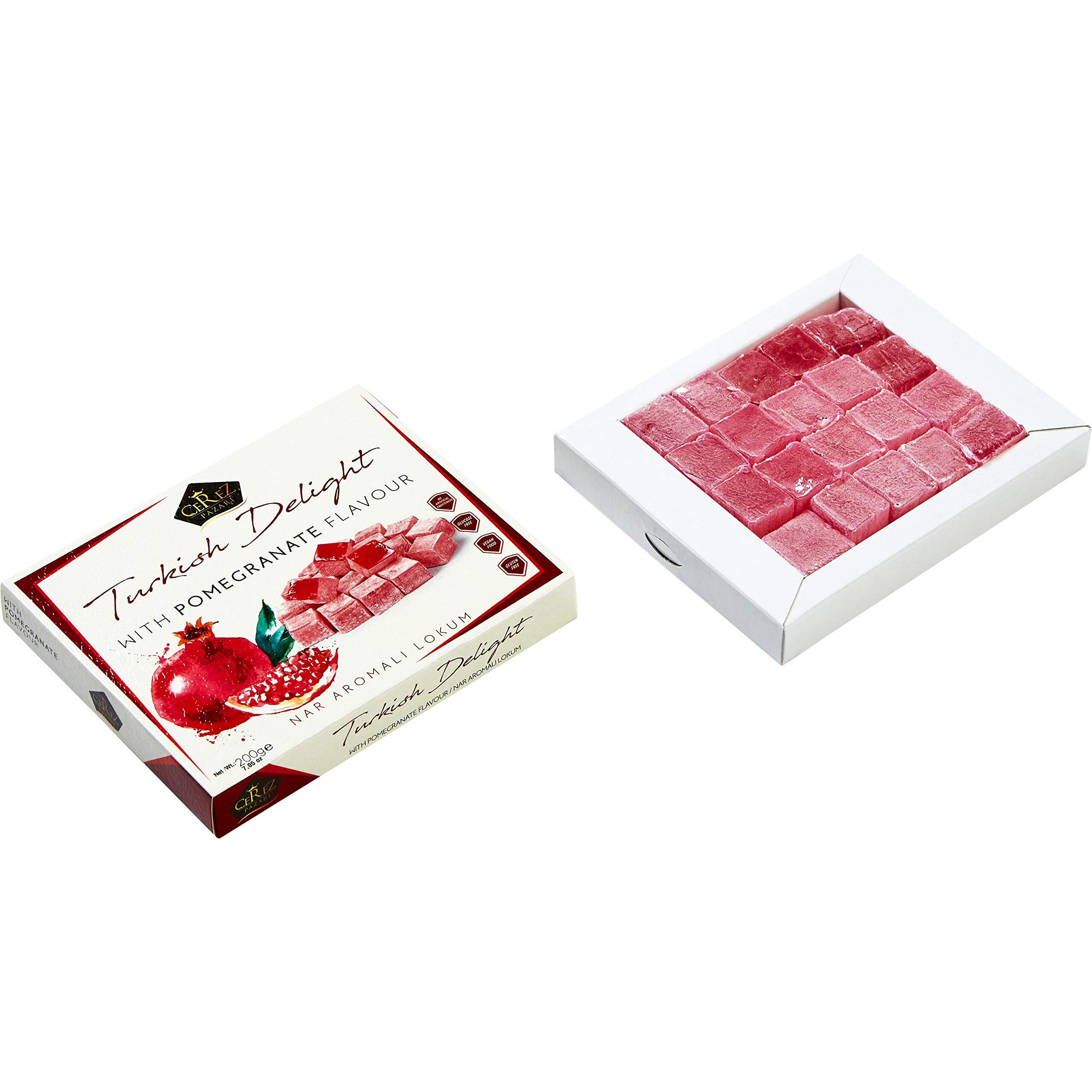 Cerez Pazari Turkish Delight With Pomegranate Flavour 200 Gr Gourmet Small Size Snacks Gift Box No Nuts Sweet Luxury Traditional Confectionery Vegan Candy Dessert Glucose Free Lokum Approx.18 Pcs