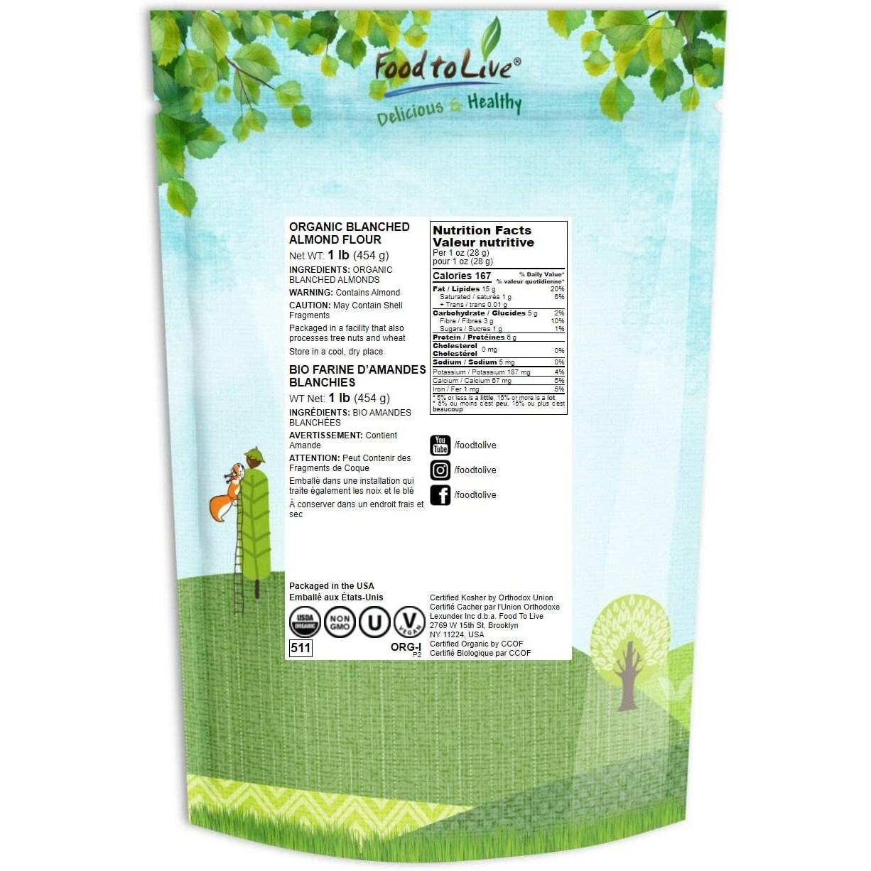 Food To Live Organic Almond Flour, 1 Pound - Extra Fine Blanched Prime Meal, Non-Gmo, Low Carb, Culinary Grade, Kosher, Keto, Paleo And Vegan Super Powder, Bulk