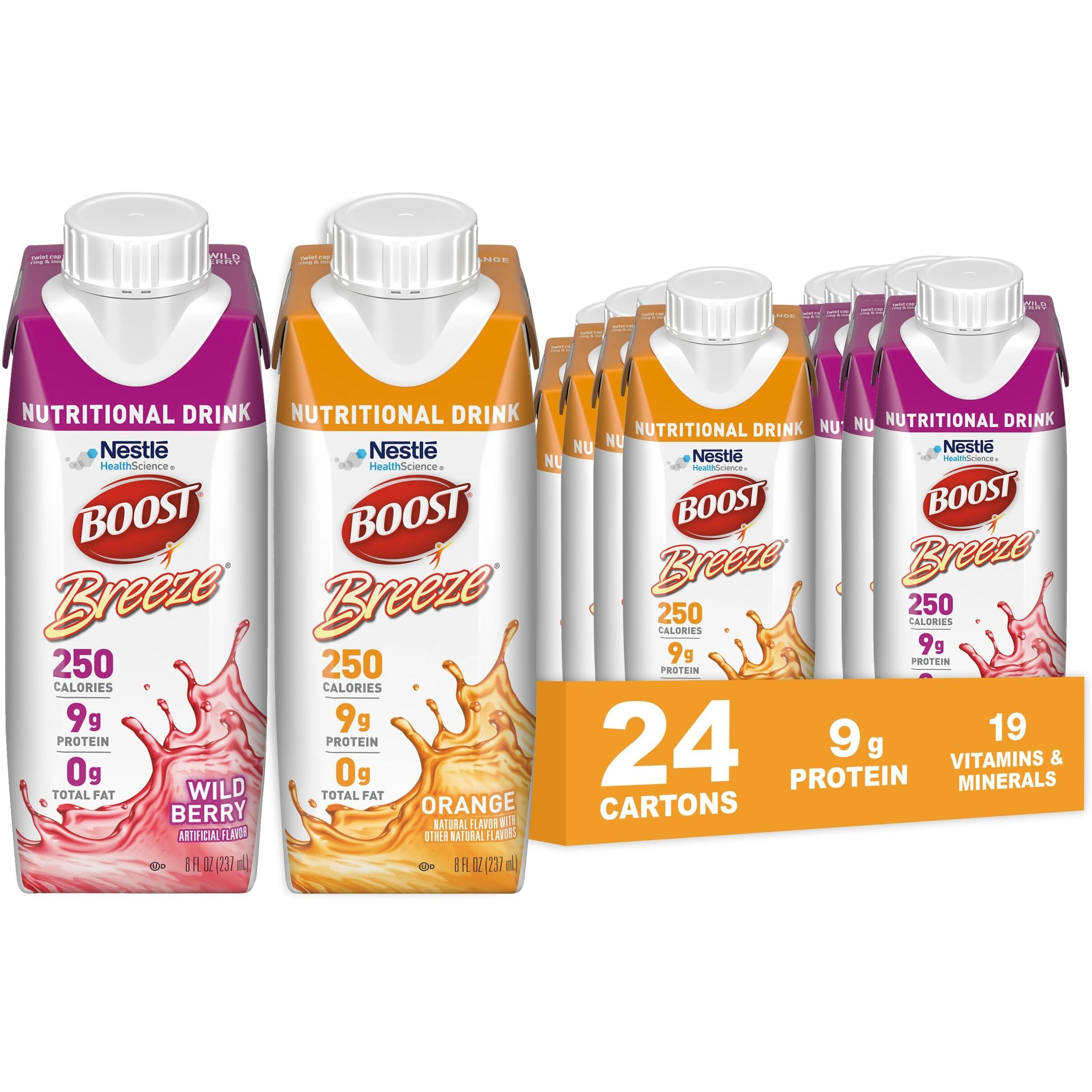 Boost Breeze Clear Nutritional Drink, 9G Protein, 250 Nutrient-Rich Calories, 2 Flavor Variety Case (Orange + Wildberry), 8 Fl Oz (Pack Of 24)