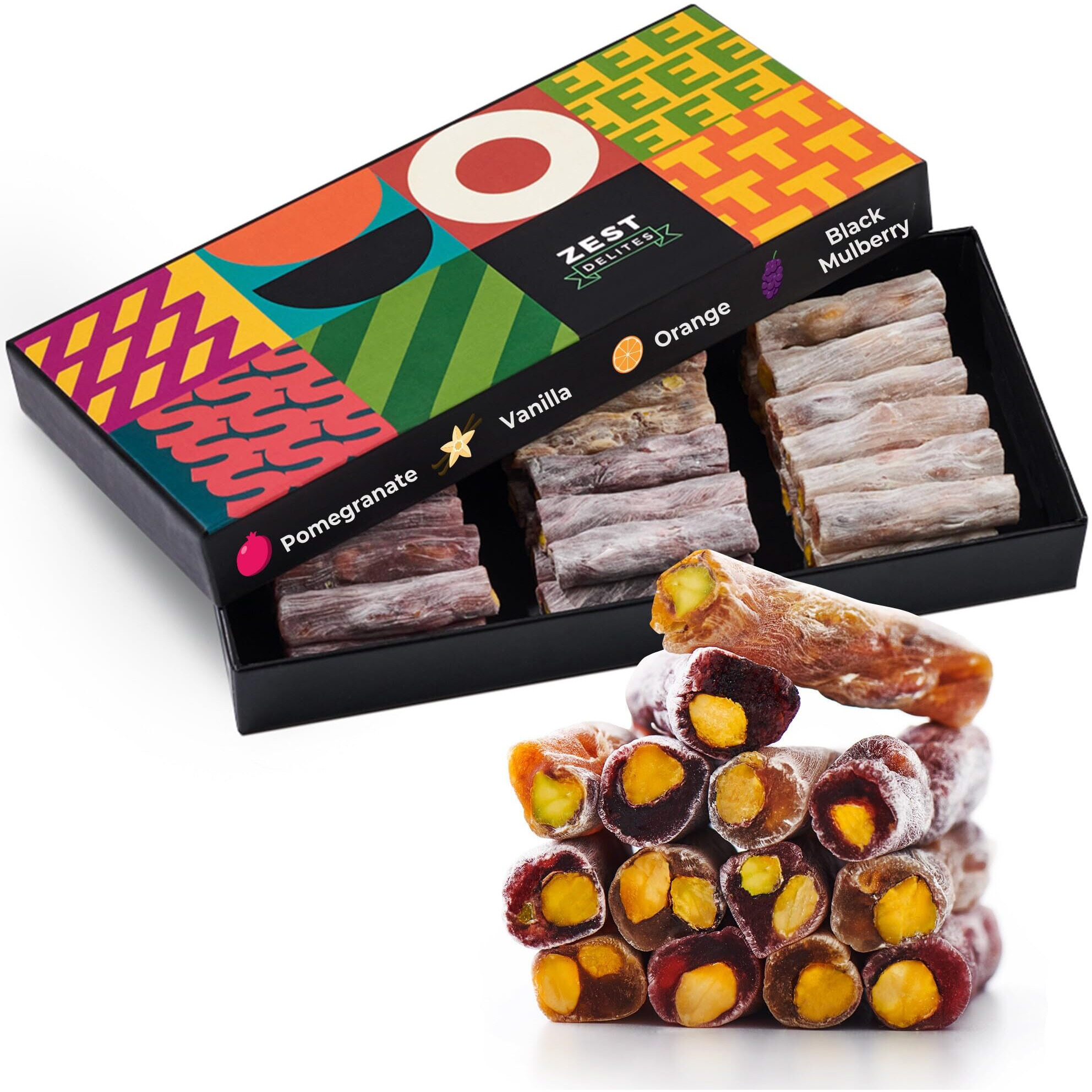 Turkish Delight By Zest Delites, Turkish Sweets Pistachio Snack Box, Traditional Vegan Candy Bulk, Lokum, Pistachios Candy With Orange, Pomegranate, Vanillin, Black Mulberry, 8.82 Oz