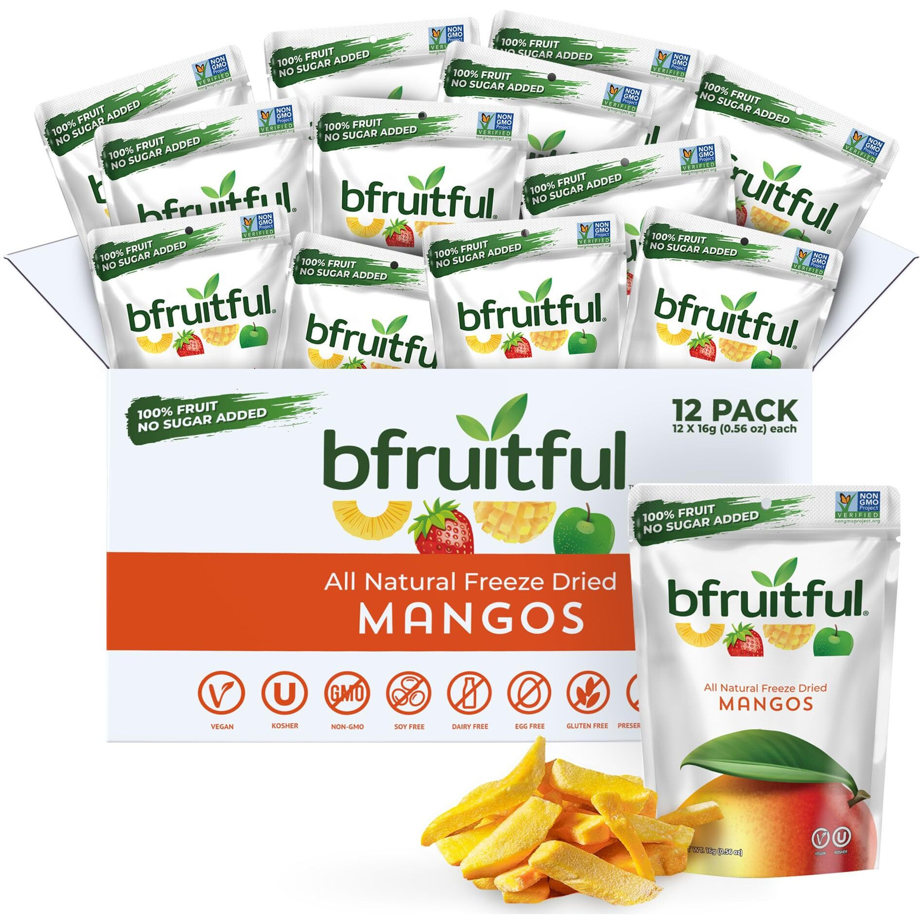 Bfruitful Freeze-Dried Mango, Freeze Dried Fresh Fruit Bites, Gluten Free, Vegan, Dairy Free, Kosher, No Sugar Added, Non Gmo, Healthy Snacks For Kids Or Adults, Single-Serve Snack Packets, 12 Pack