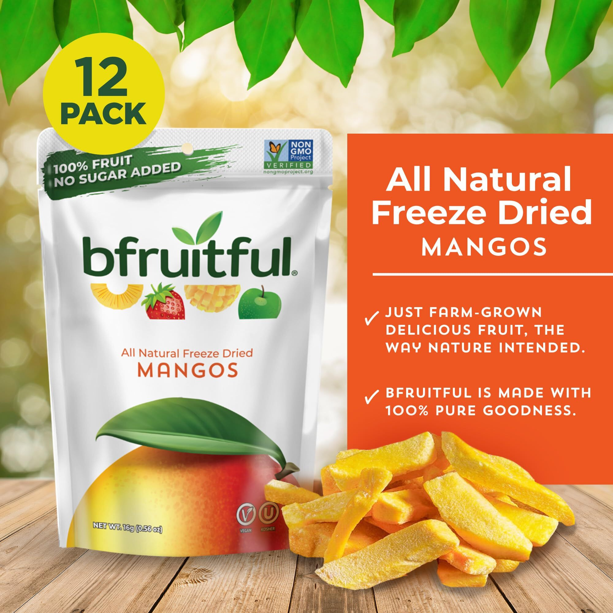 Bfruitful Freeze-Dried Mango, Freeze Dried Fresh Fruit Bites, Gluten Free, Vegan, Dairy Free, Kosher, No Sugar Added, Non Gmo, Healthy Snacks For Kids Or Adults, Single-Serve Snack Packets, 12 Pack
