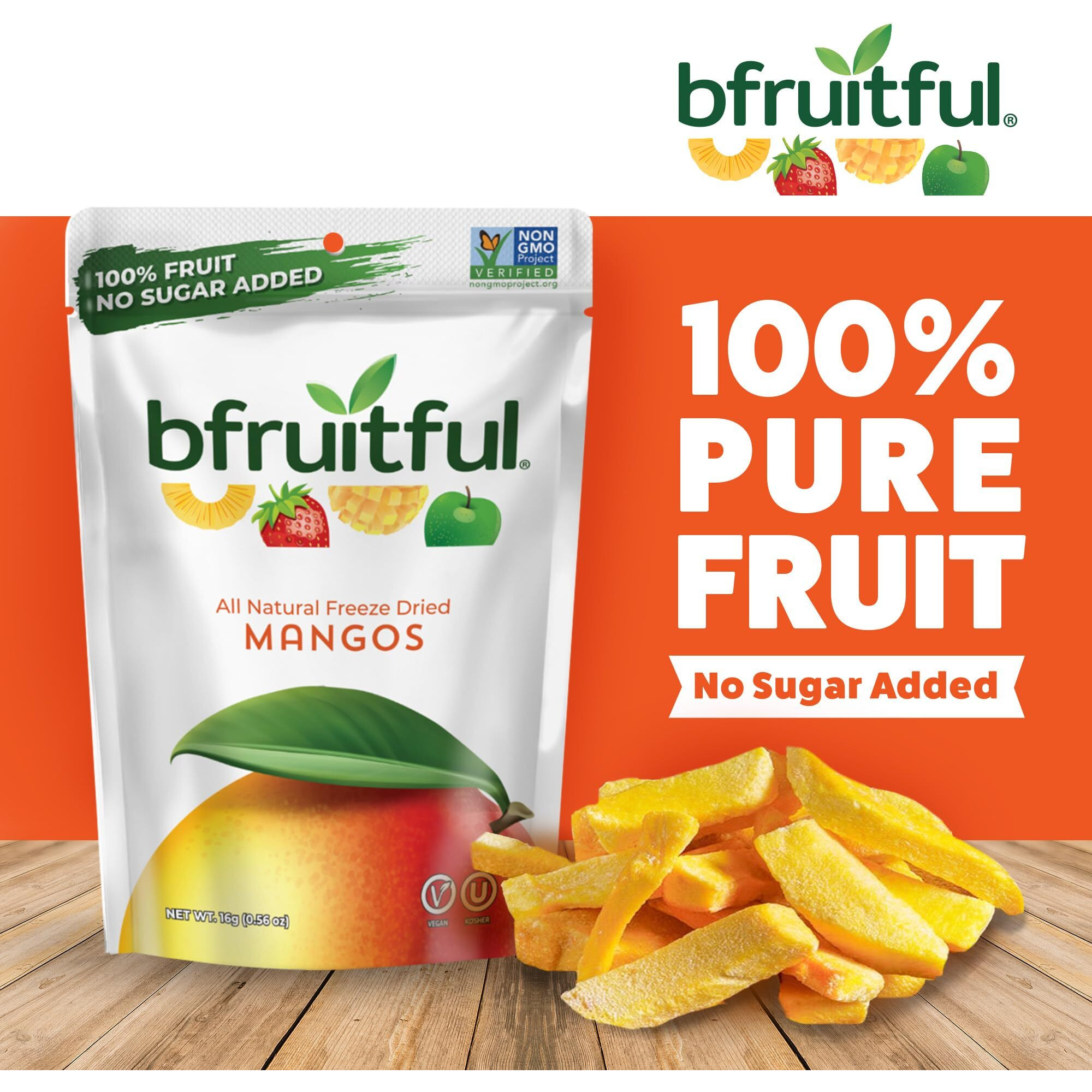 Bfruitful Freeze-Dried Mango, Freeze Dried Fresh Fruit Bites, Gluten Free, Vegan, Dairy Free, Kosher, No Sugar Added, Non Gmo, Healthy Snacks For Kids Or Adults, Single-Serve Snack Packets, 12 Pack