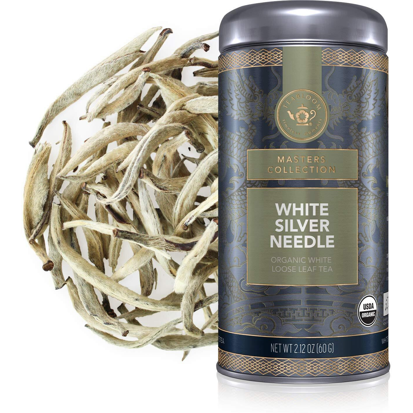 Teabloom Organic White Silver Needle Loose Leaf Tea, Rare Usda Organic White Tea With Delicate Honeysuckle Notes, 2.12 Oz/60 G Canister Makes 35-50 Cups