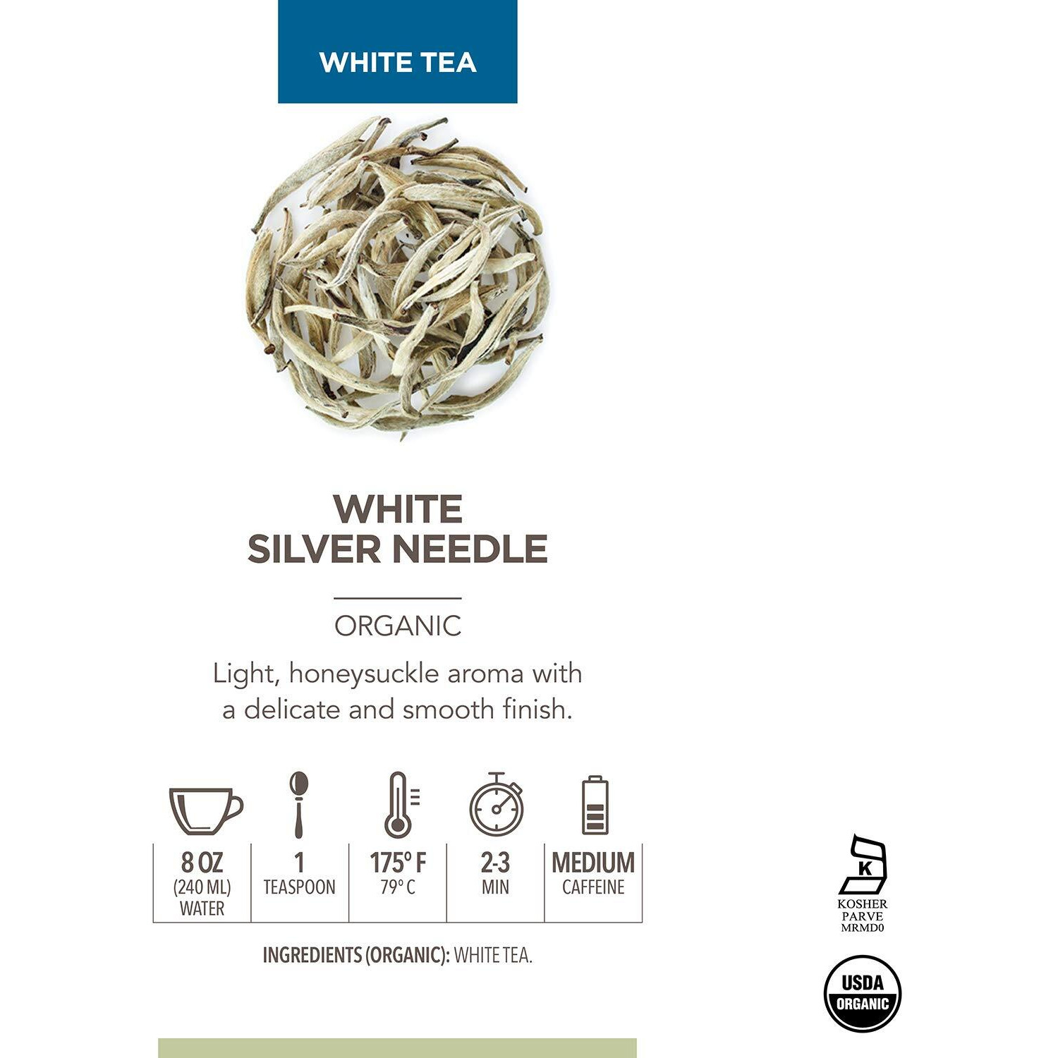 Teabloom Organic White Silver Needle Loose Leaf Tea, Rare Usda Organic White Tea With Delicate Honeysuckle Notes, 2.12 Oz/60 G Canister Makes 35-50 Cups