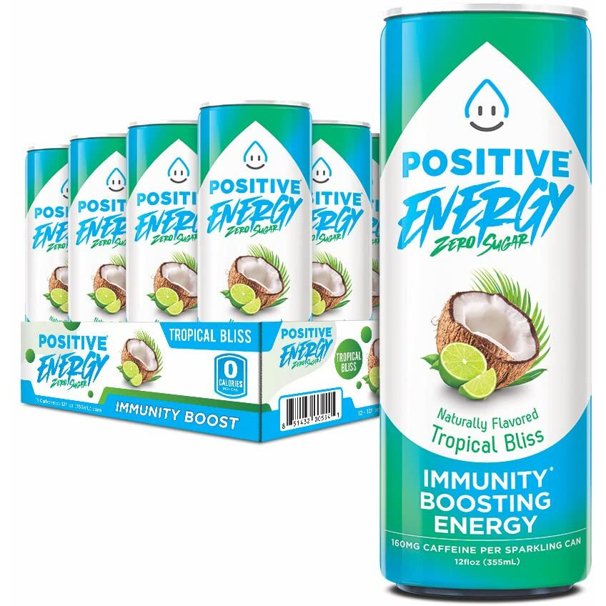 Positive Energy Beverage Tropical Bliss | 12-Oz Can, Pack Of 12 | Zero Sugar Energy Drink, Supports Immunity And Hydration