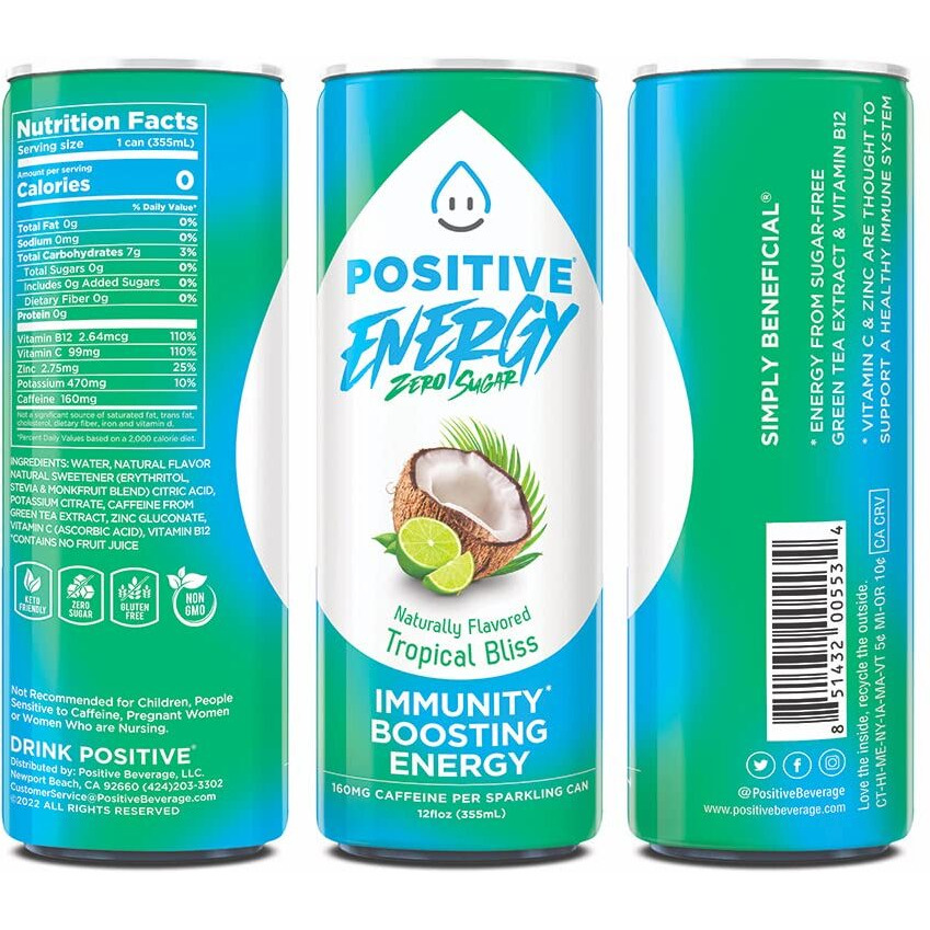 Positive Energy Beverage Tropical Bliss | 12-Oz Can, Pack Of 12 | Zero Sugar Energy Drink, Supports Immunity And Hydration