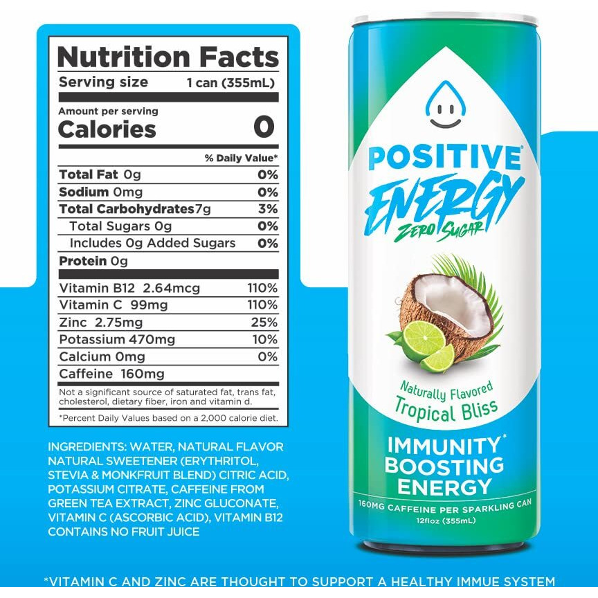 Positive Energy Beverage Tropical Bliss | 12-Oz Can, Pack Of 12 | Zero Sugar Energy Drink, Supports Immunity And Hydration