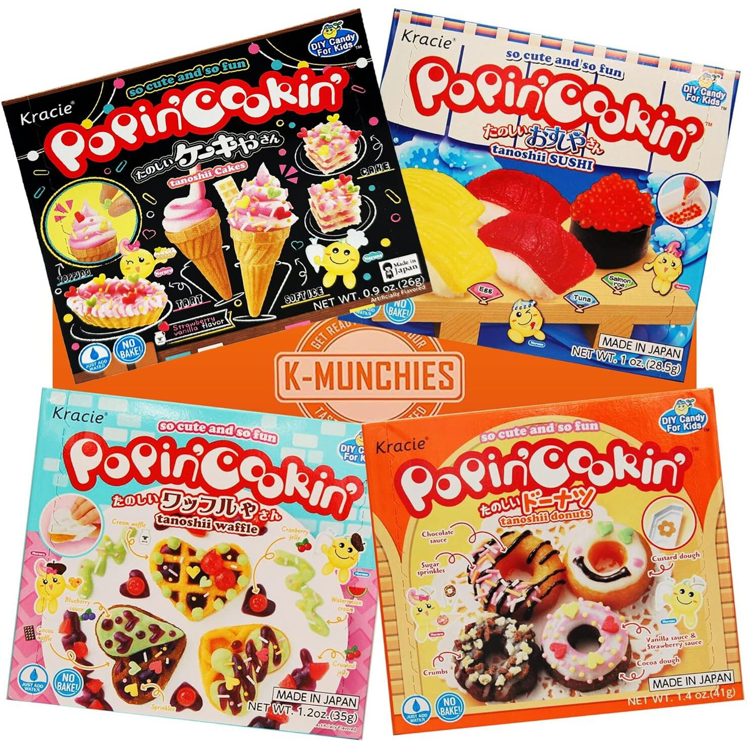 K-Munchies Kracie Popin Cookin Kits - 4 Pack Assorted Japanese Candy Making Kit Bundle - Gummy Sushi, Waffle, Cake Donut Diy Candy Kit - Easy To Follow Edible Experiments For Kids - Made In Japan