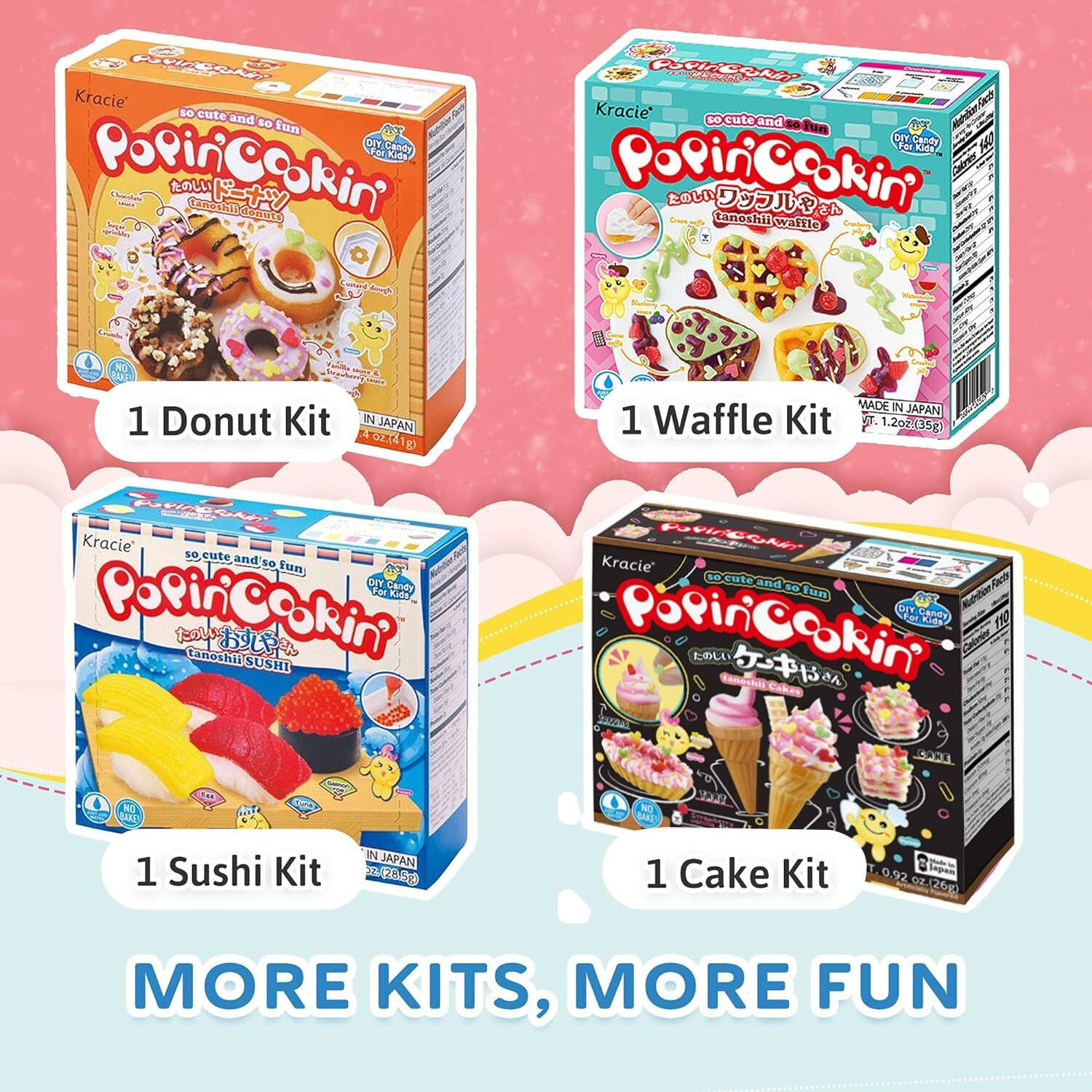 K-Munchies Kracie Popin Cookin Kits - 4 Pack Assorted Japanese Candy Making Kit Bundle - Gummy Sushi, Waffle, Cake Donut Diy Candy Kit - Easy To Follow Edible Experiments For Kids - Made In Japan