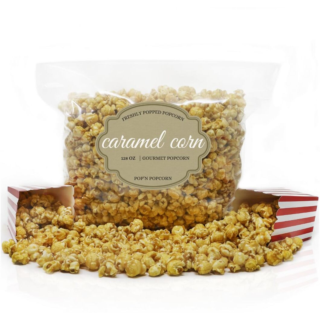 Popn Popcorn Caramel Korn - 128 Oz Sweet Caramelized Flavored Pop Corn For Baseball Game Snacks, Movie Night Or House Party