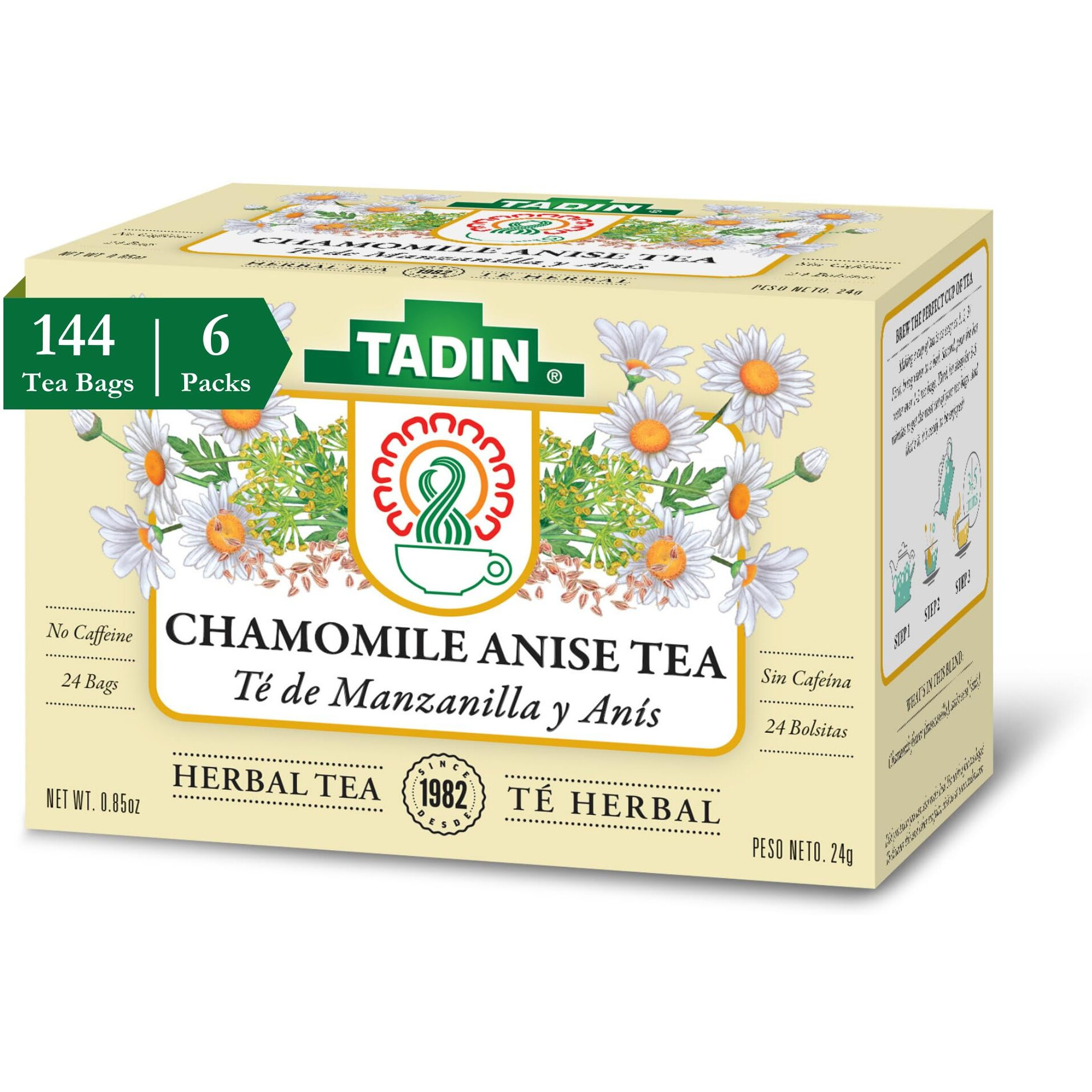 Tadin Chamomile Tea With Anise, Herbal Tea, Tea Bags Individually Wrapped, Caffeine Free Tea, 24 Tea Bags Per Box, Pack Of 6