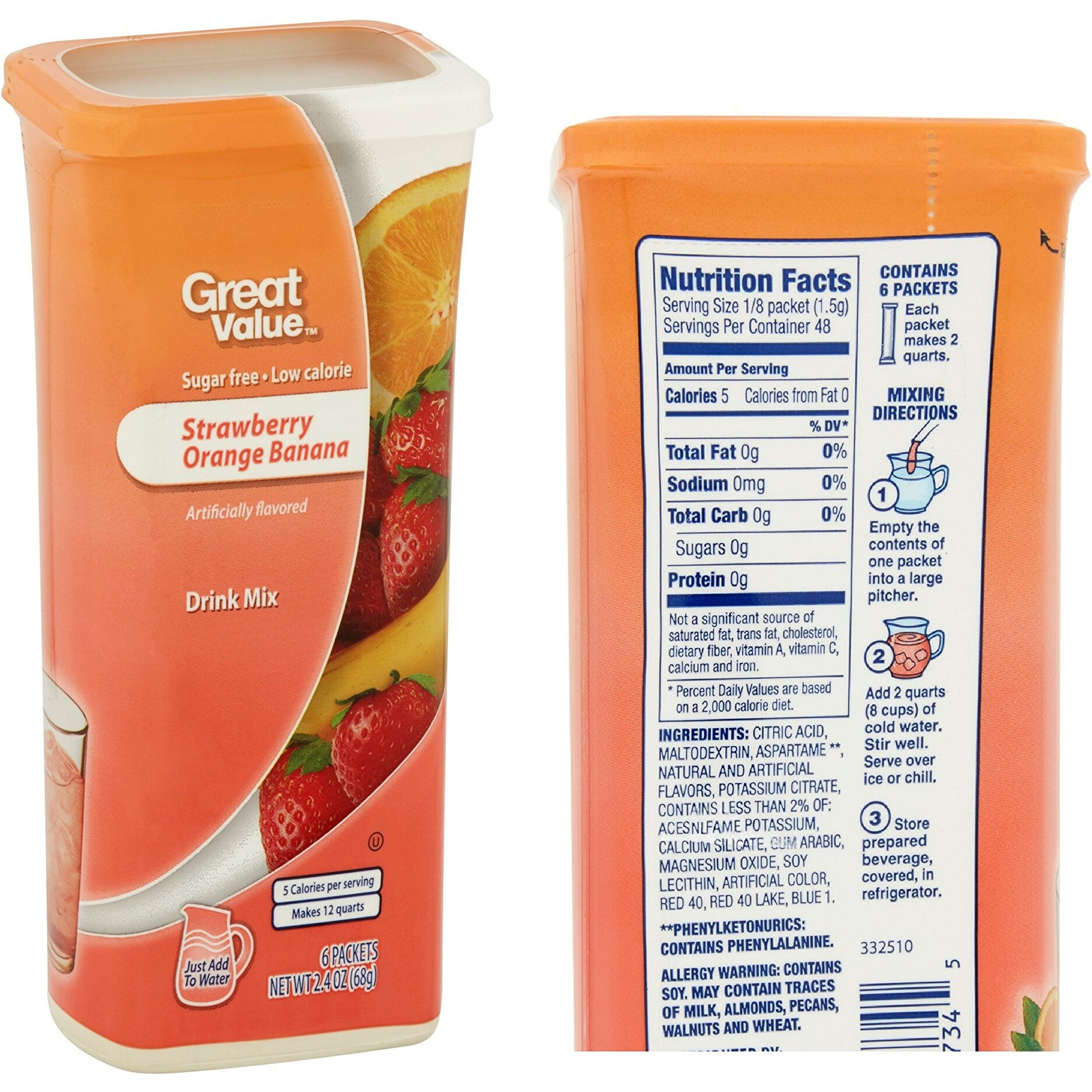 Great Value Drink Mix, Sugar Free, Early Rise Orange, Orange Strawberry Banana And Strawberry Watermelon A Bundle Of 3 Flavor Canisters. (Canister Designs May Vary)