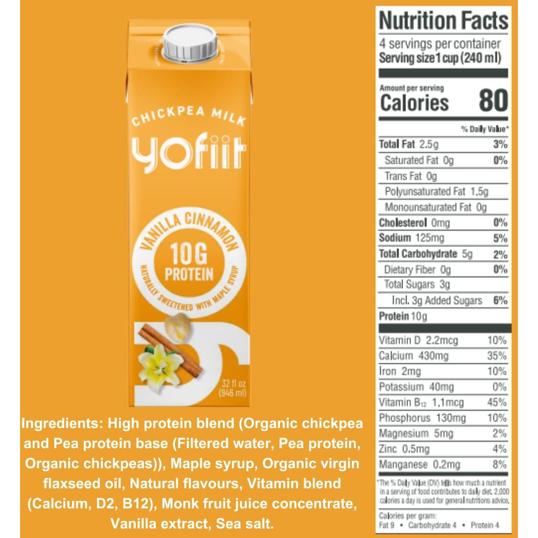 Yofiit Vanilla Cinnamon Plant Based Milk With Pea Protein And Flax - More Protein Than Almond Milk - Non Dairy Coffee Creamer, Vegan & Shelf Stable | 10G Protein - 6 Pack