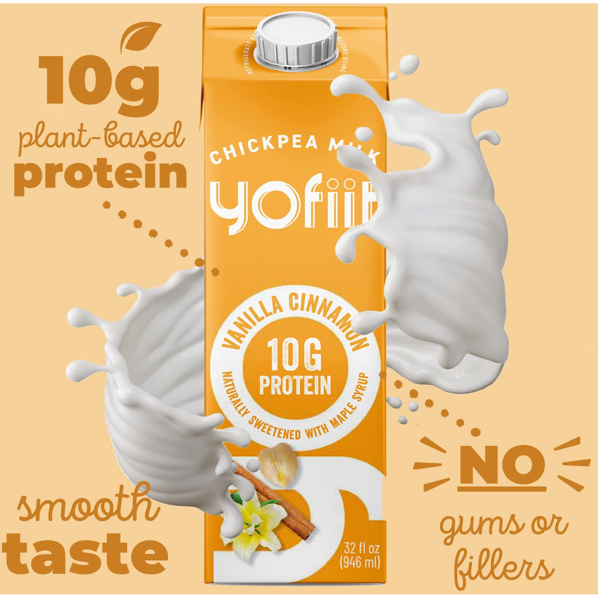 Yofiit Vanilla Cinnamon Plant Based Milk With Pea Protein And Flax - More Protein Than Almond Milk - Non Dairy Coffee Creamer, Vegan & Shelf Stable | 10G Protein - 6 Pack
