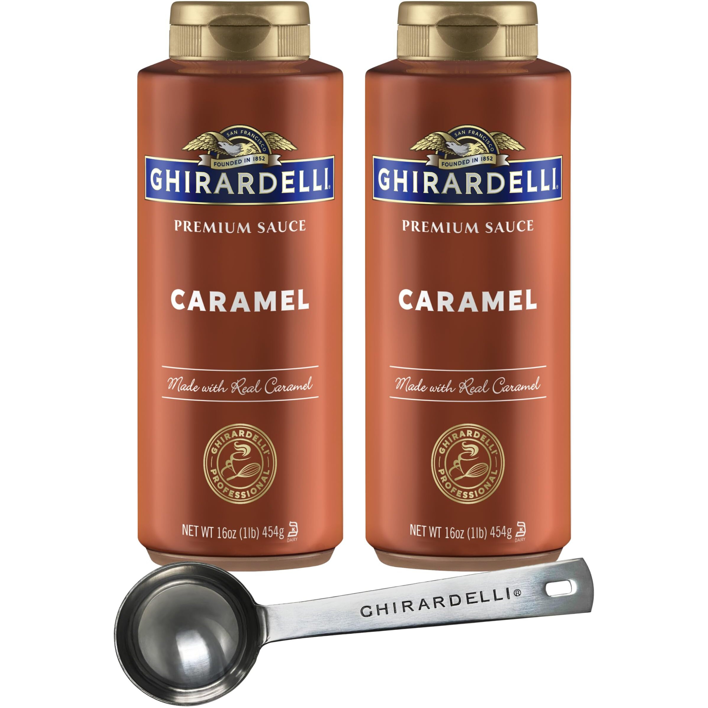 Ghirardelli Caramel Sauce, 16 Ounce Squeeze Bottle (Pack Of 2) With Ghirardelli Stamped Barista Spoon