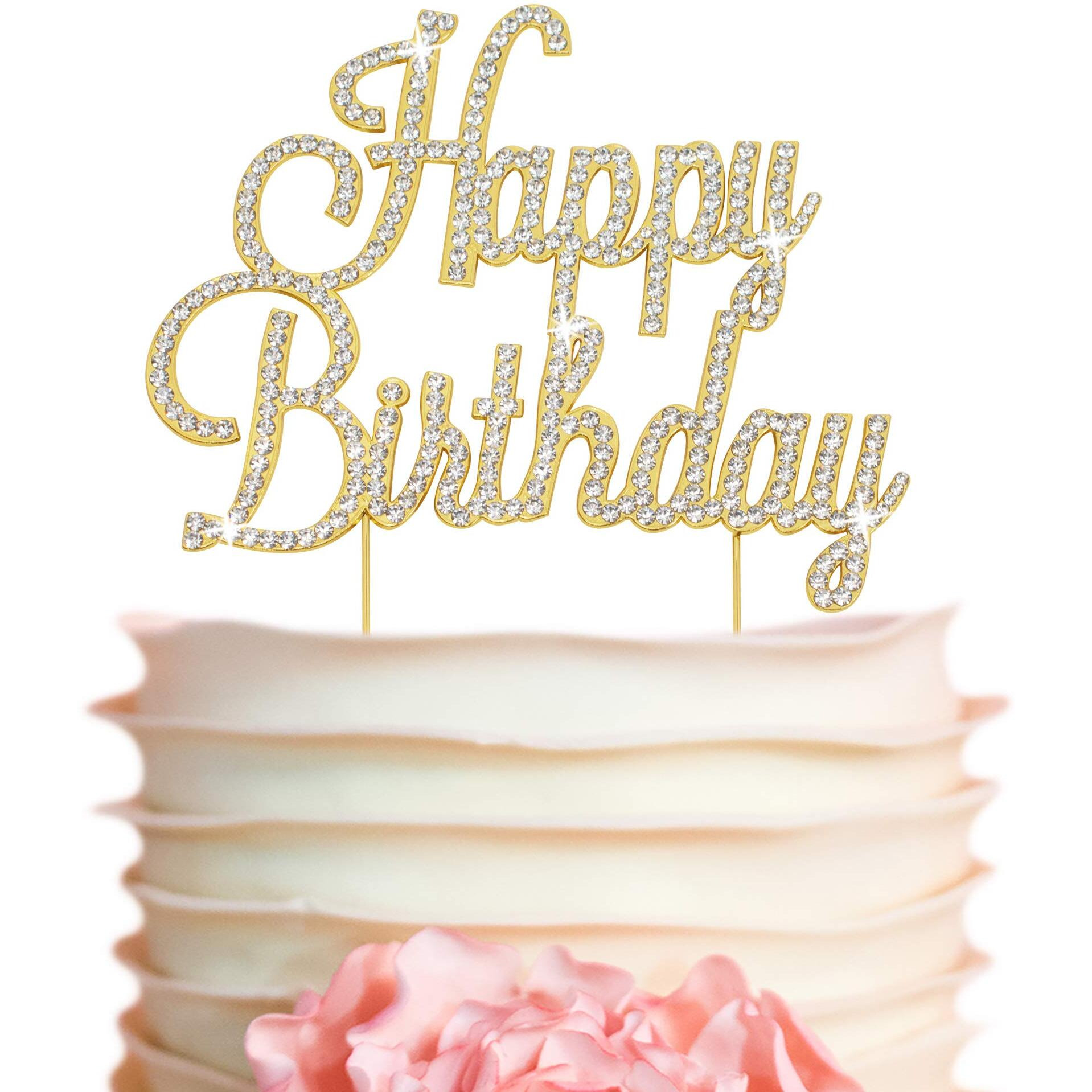 Happy Birthday Cake Topper - Premium Gold Metal - Happy Birthday Party Sparkly Rhinestone Decoration Makes A Great Centerpiece - Now Protected In A Box