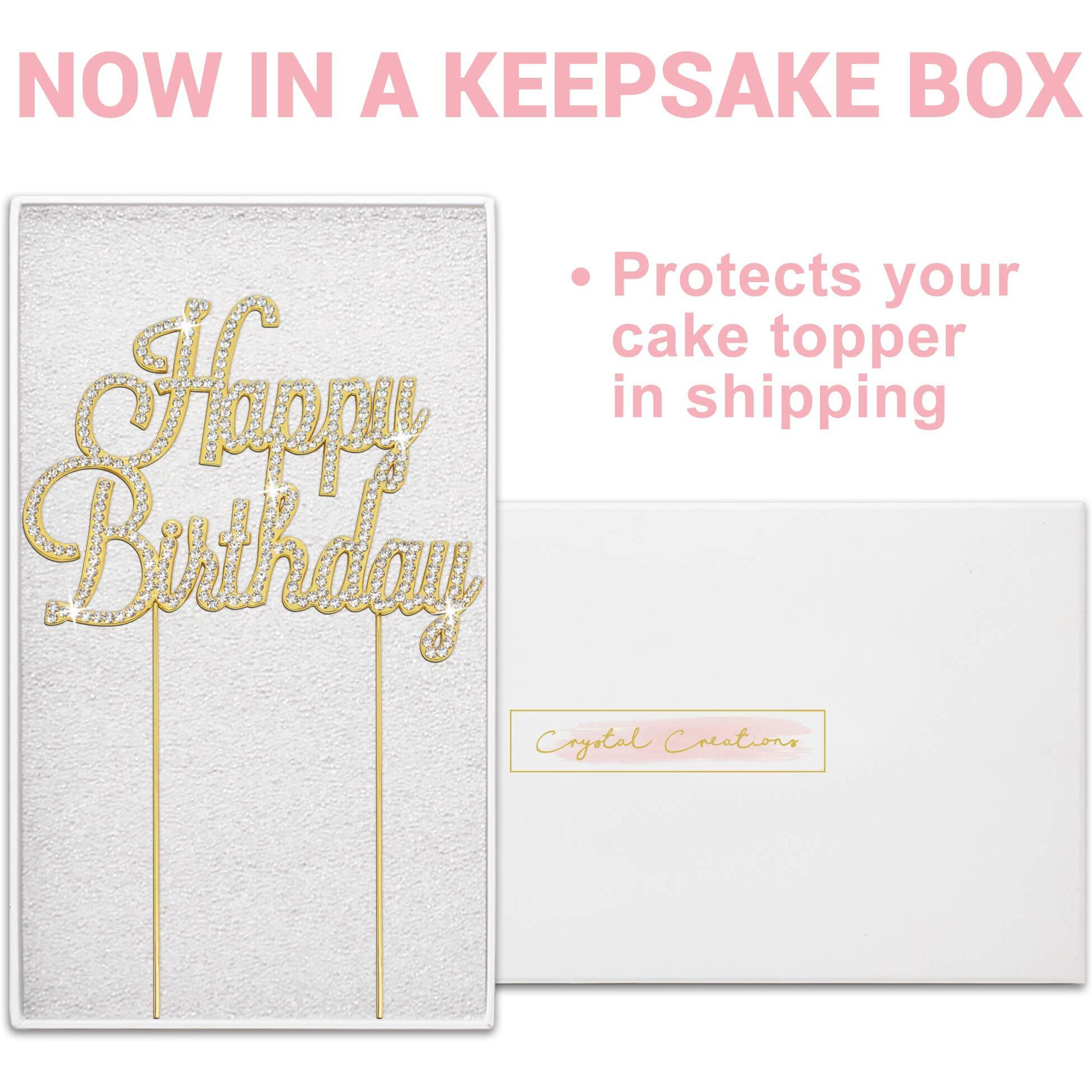 Happy Birthday Cake Topper - Premium Gold Metal - Happy Birthday Party Sparkly Rhinestone Decoration Makes A Great Centerpiece - Now Protected In A Box