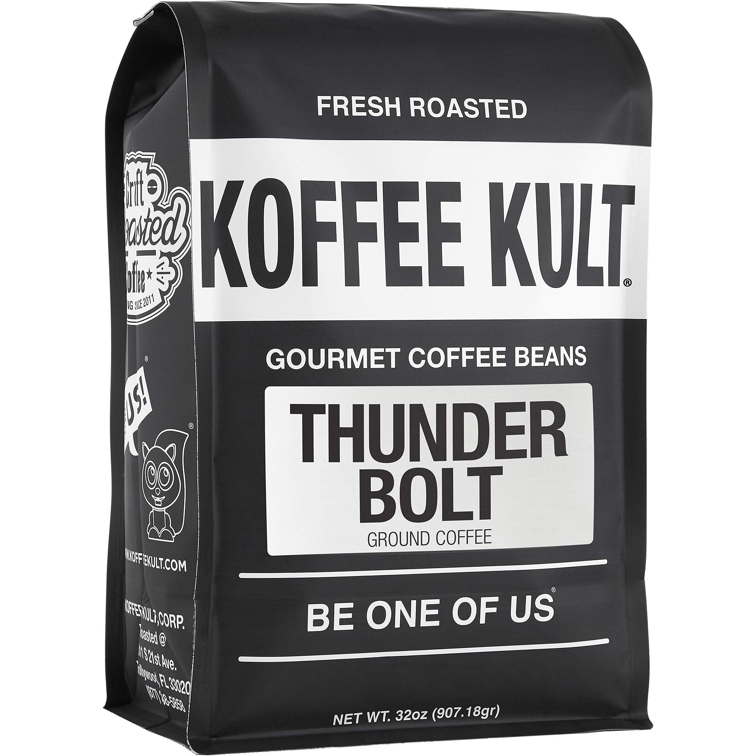 Koffee Kult Thunder Bolt Coffee Ground Our Darkest Roast Whole Bean 100% Arabica Robust Blend Of Colombian And Brazil Beans (Ground, 32Oz)