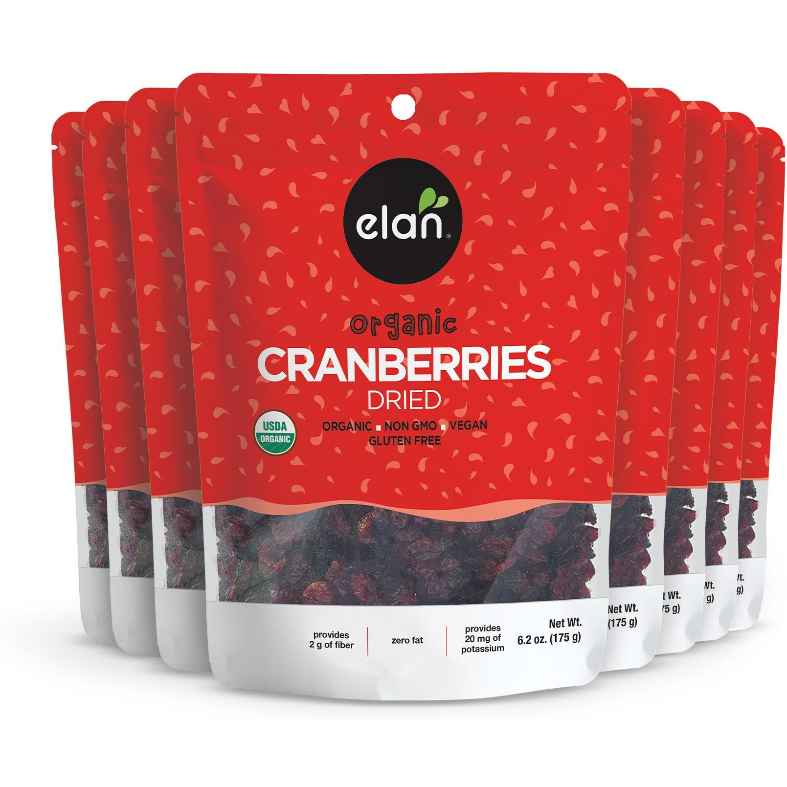 Elan Organic Dried Cranberries, Whole Dried Cranberries, No Sulphites, No Fat, Non-Gmo, Vegan, Gluten-Free, Kosher, Dried Fruits, Healthy Snacks, 8 Pack Of 6.2 Oz