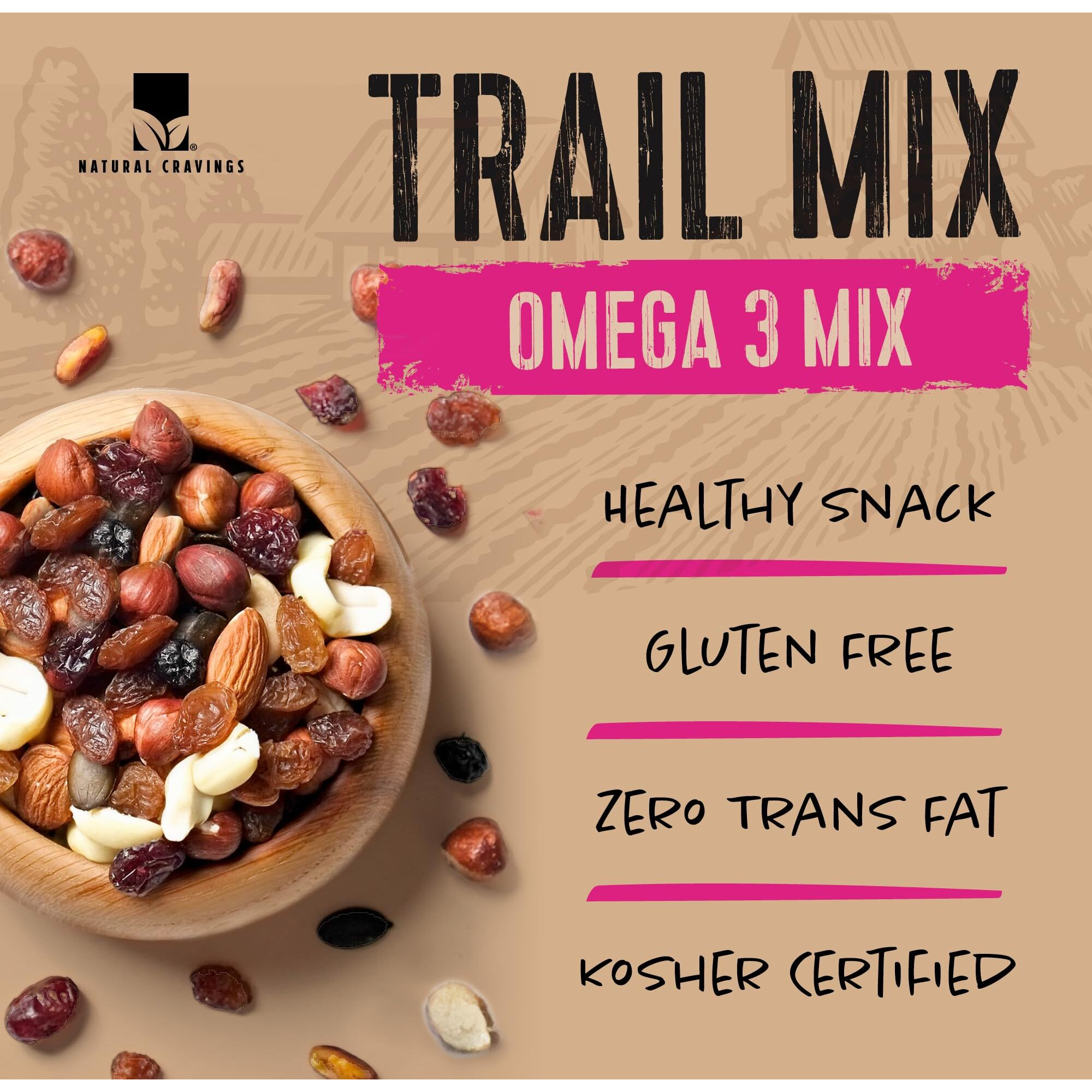 Natural Cravings 22Oz Trail Mix Bulk Family Size Bag - Omega 3 Dried Fruit Mix & Assorted Nuts Mix With Dry Cranberries, Peanuts, Raisins & Walnuts - Gourmet Trailmix For School, Office, Outdoor Fun